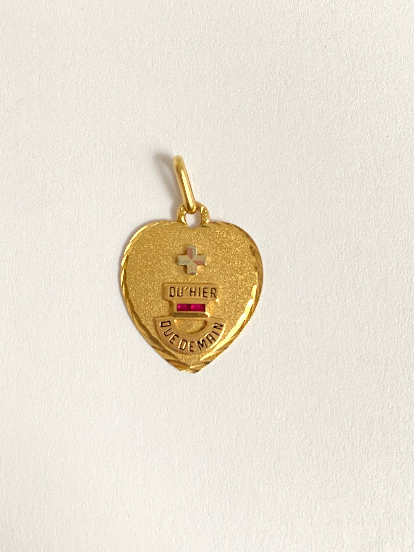 Vintage, 18ct Gold, Diamond and Ruby French Augis Love Pendant, 'Qu'hier - Que demain'