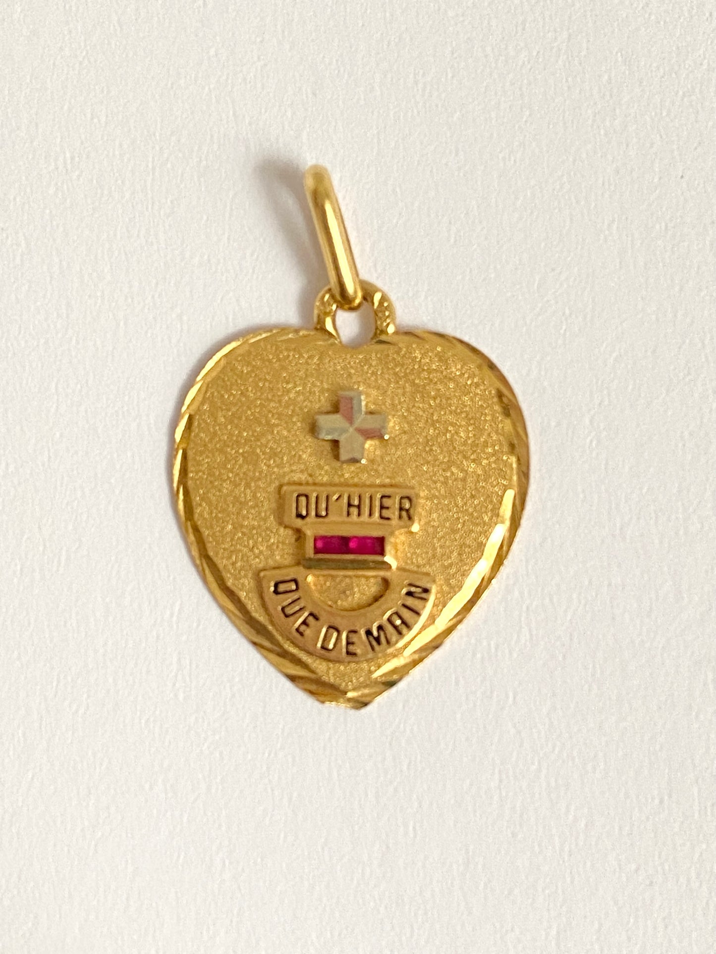 Vintage, 18ct Gold, Diamond and Ruby French Augis Love Pendant, 'Qu'hier - Que demain'