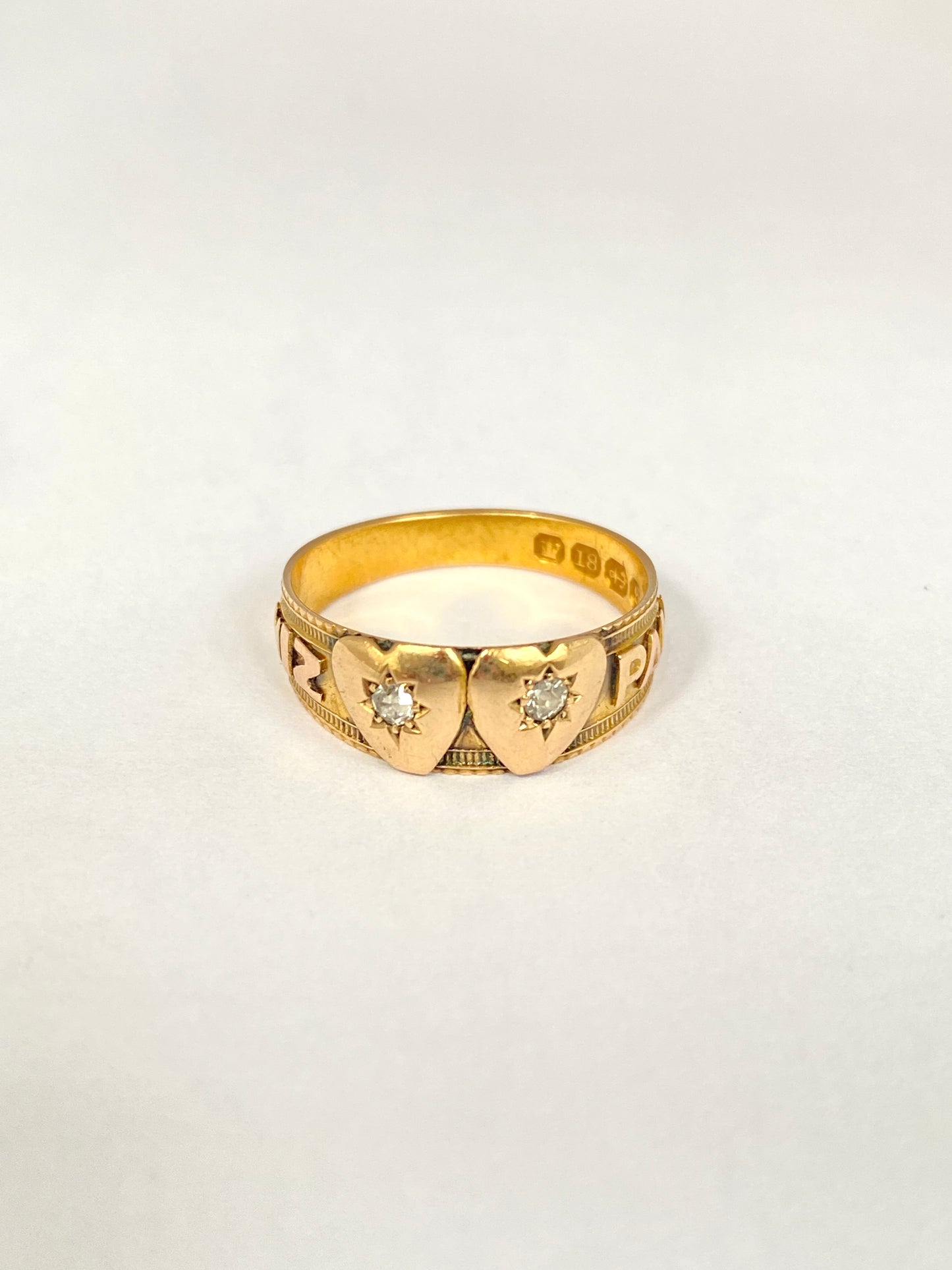 Victorian, 18ct Gold, Double Diamond Heart Mizpah Ring, Hallmarked for Birmingham, 1892
