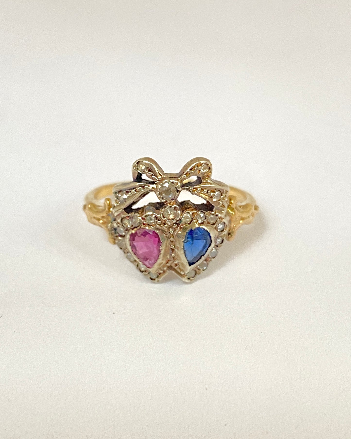 Victorian 18ct Gold, Ruby and Sapphire Double Heart Ring with Diamond Crown