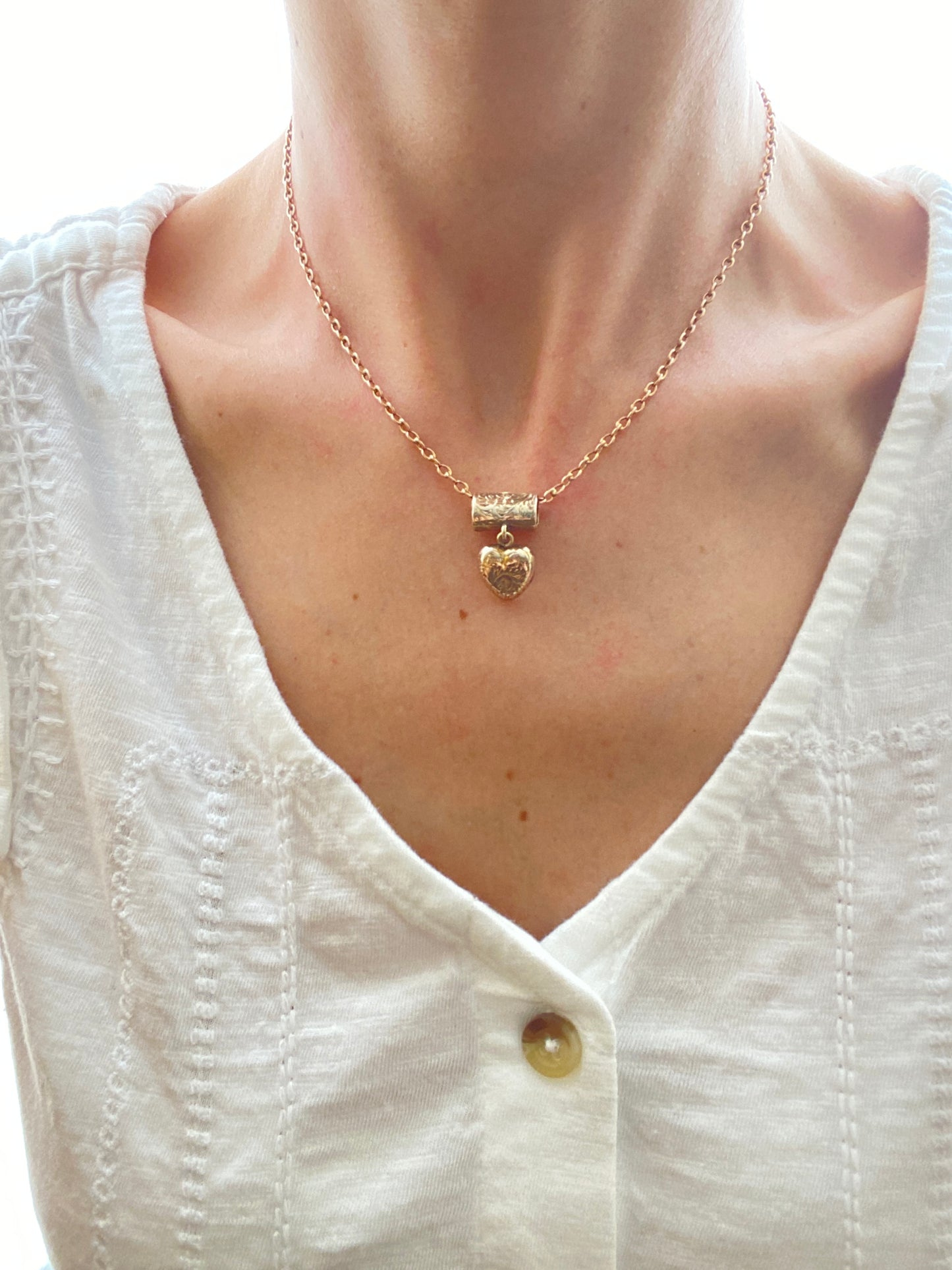 Unusual, Vintage, 9ct Gold Engraved Heart Pendant with Slider Mechanism