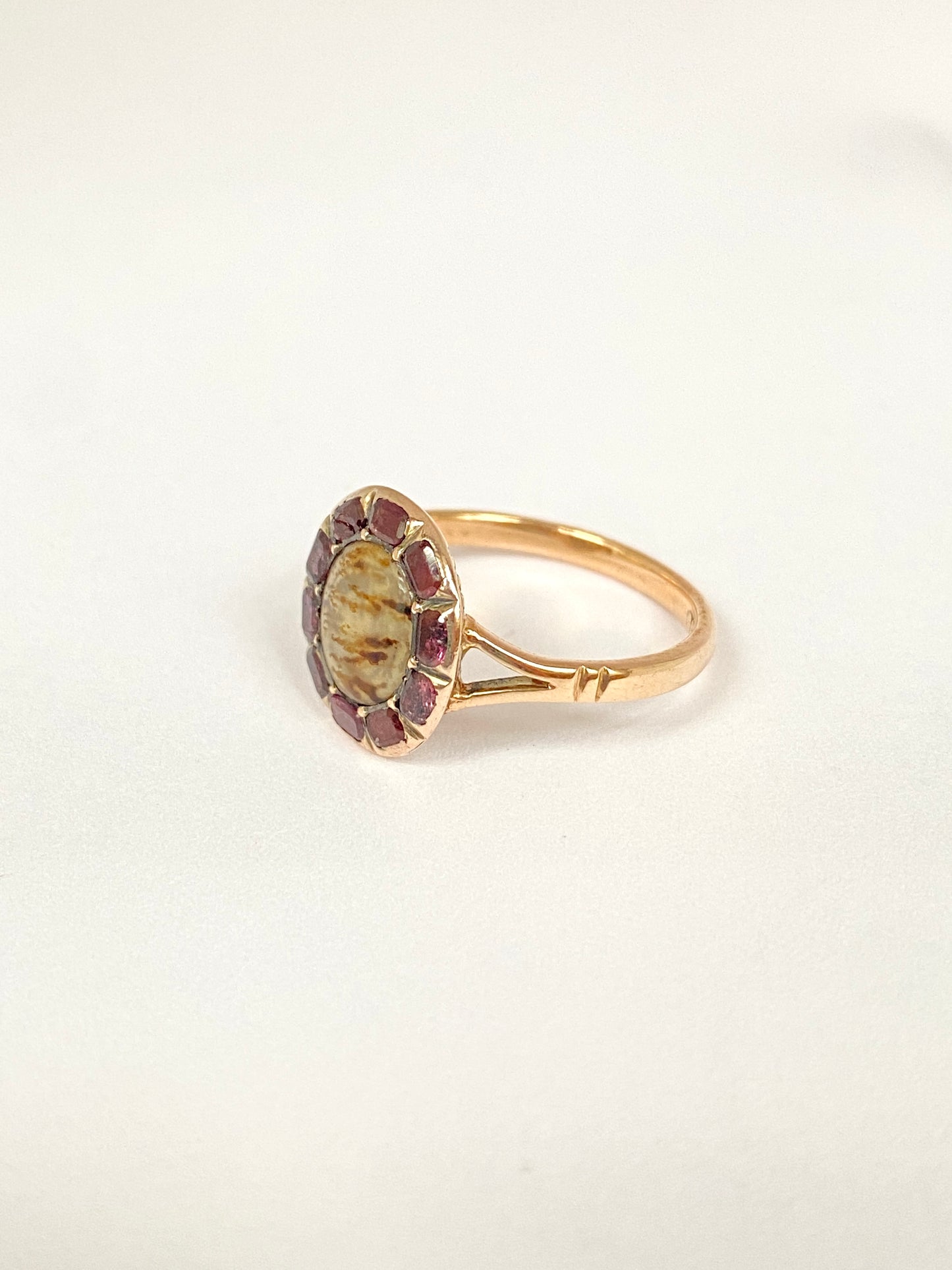 Antique, 9ct Gold, Moss Agate Ring with Flat cut Garnet Cluster