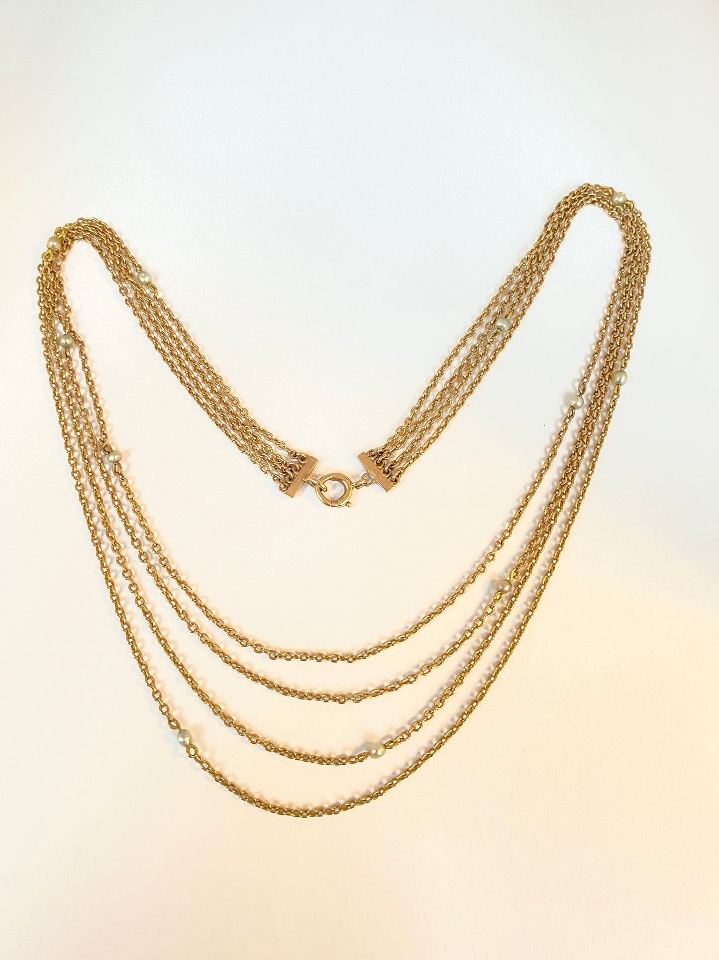 Rare, Antique, 15ct Gold four strand Chain, with Natural Pearls, 11.72g