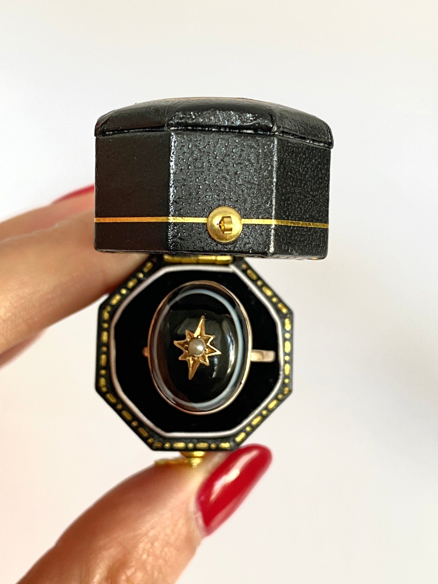 Antique, 9ct Gold, Bullseye Agate Ring with Pearl and Locket