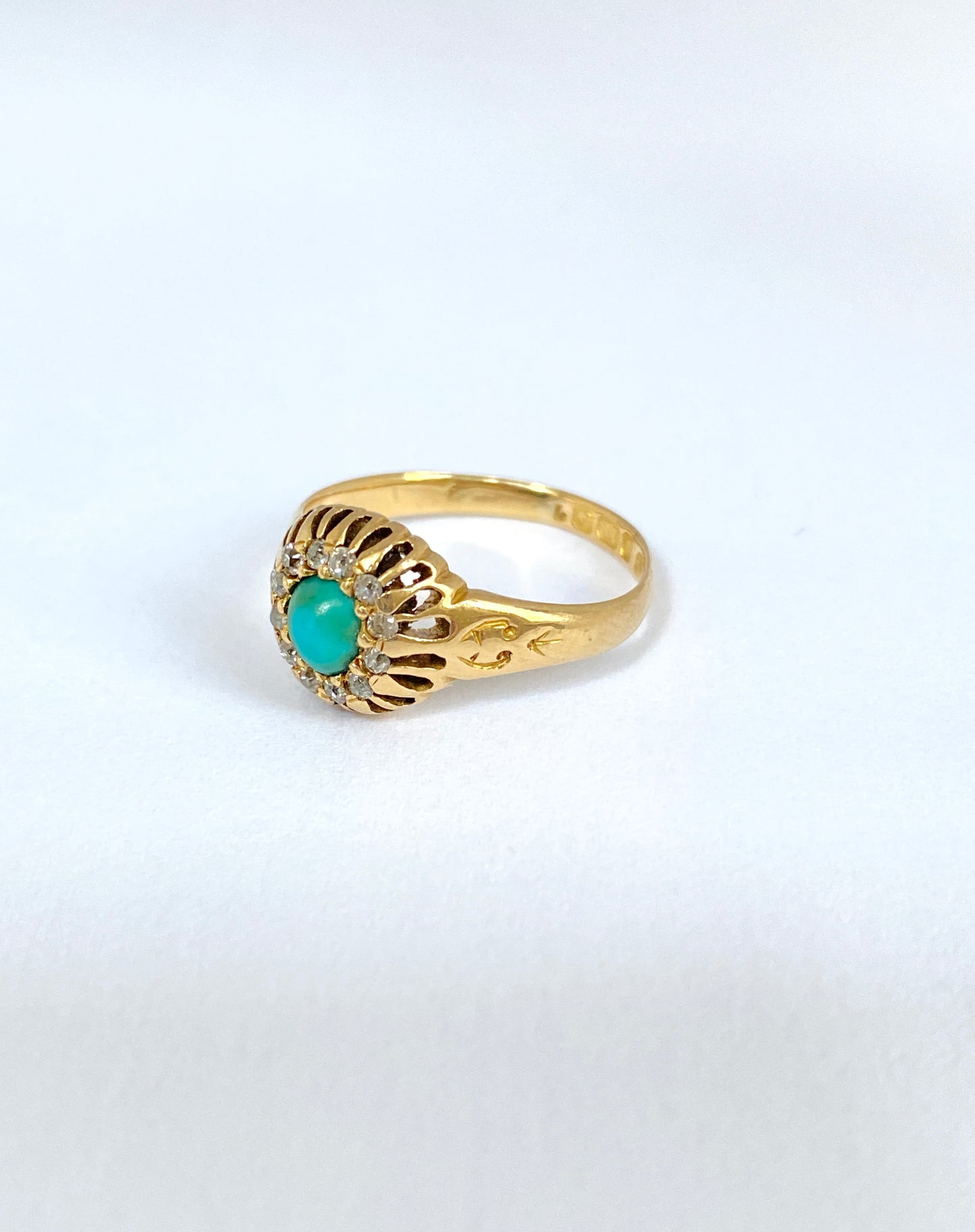 Vintage, 1940s, 18ct Gold, Turquoise and Old Cut Diamond Cluster Ring.