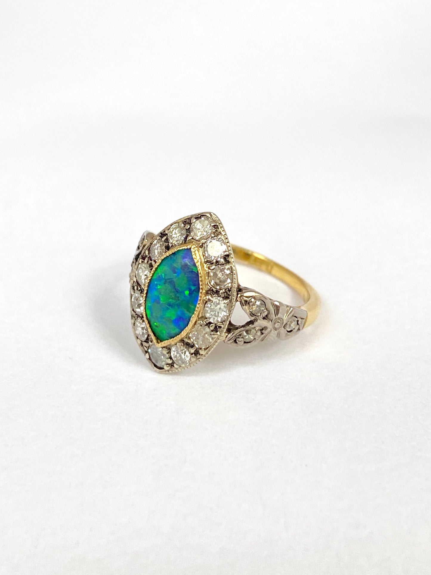 Vintage, Art Deco 18ct Gold and Platinum Opal Doublet and Diamond Cluster Ring (circa 1940s)