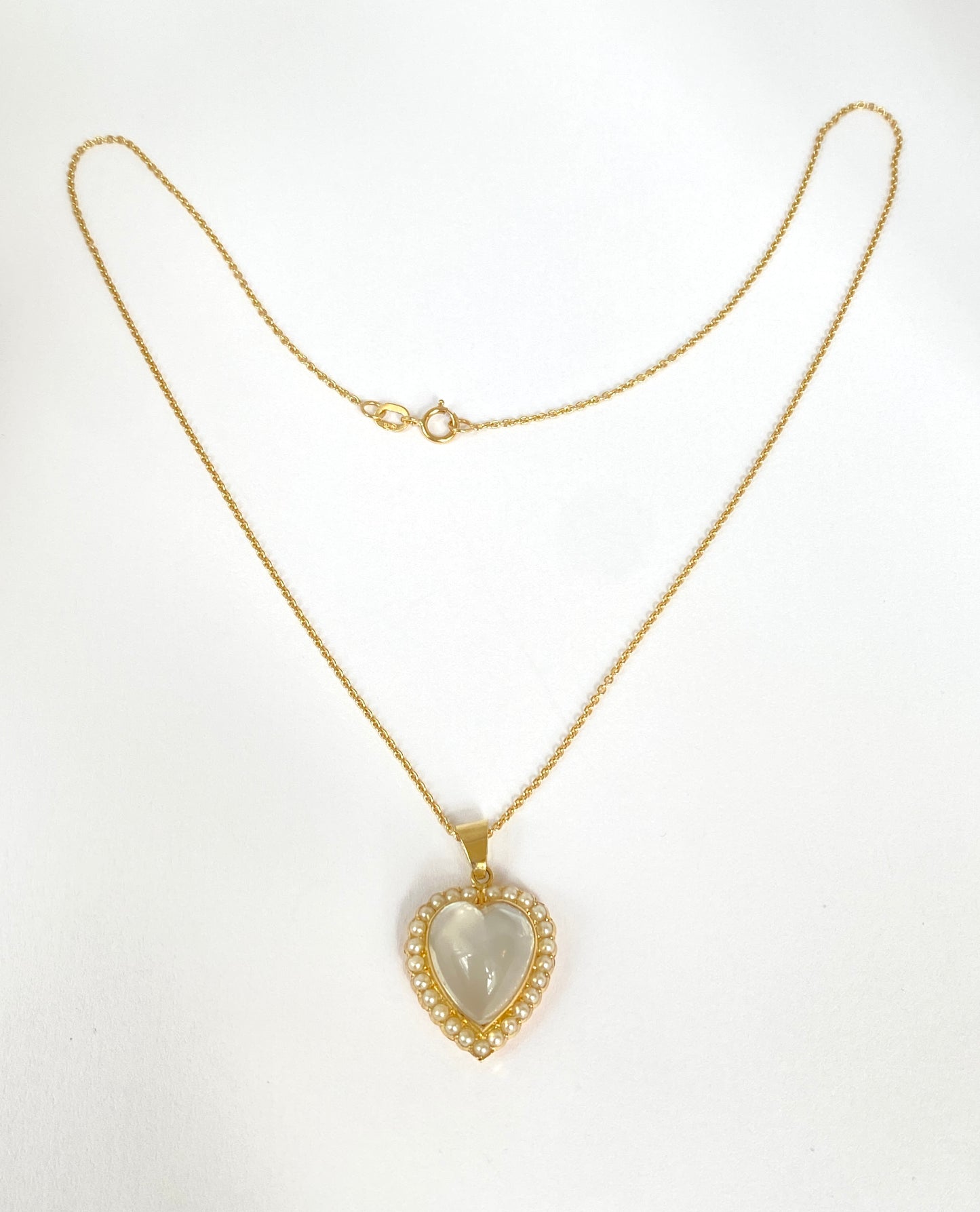18ct Gold, Antique Moonstone and Pearl Heart Necklace