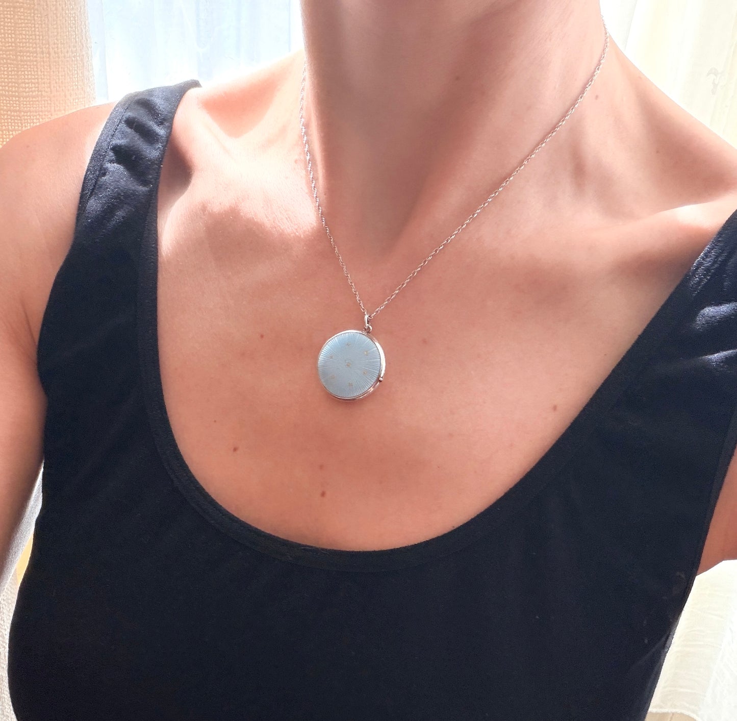 Sterling Silver, Vintage Blue Guilloche Enamel Locket/Pendant Necklace