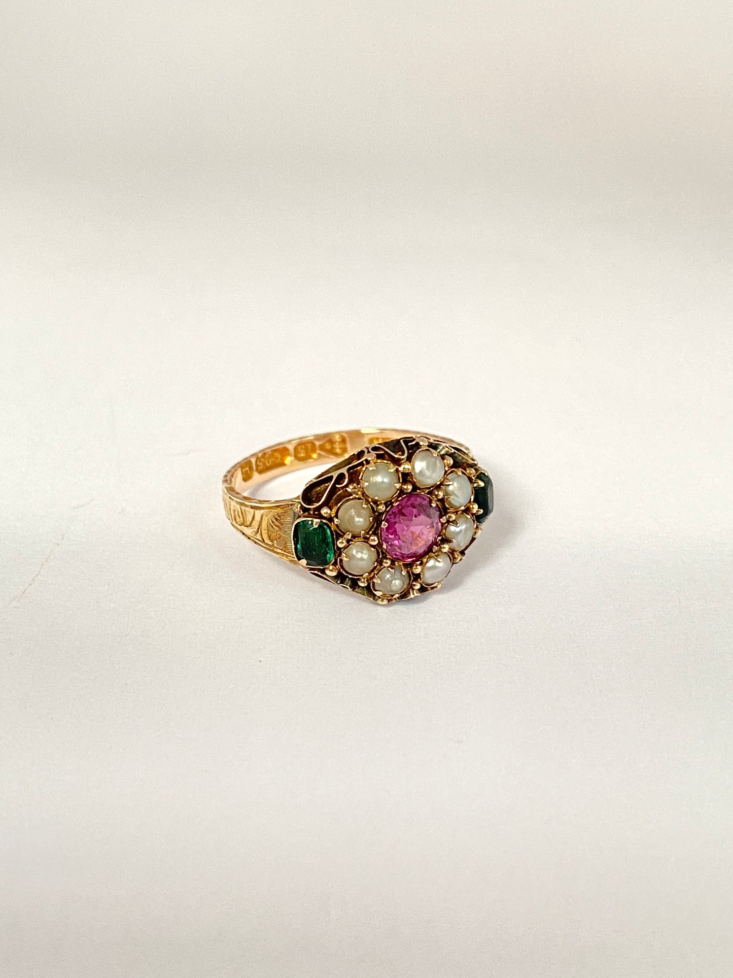 15ct Gold, Victorian, Pearl, Emerald and Almandine Garnet Ring, Hallmarked 1849