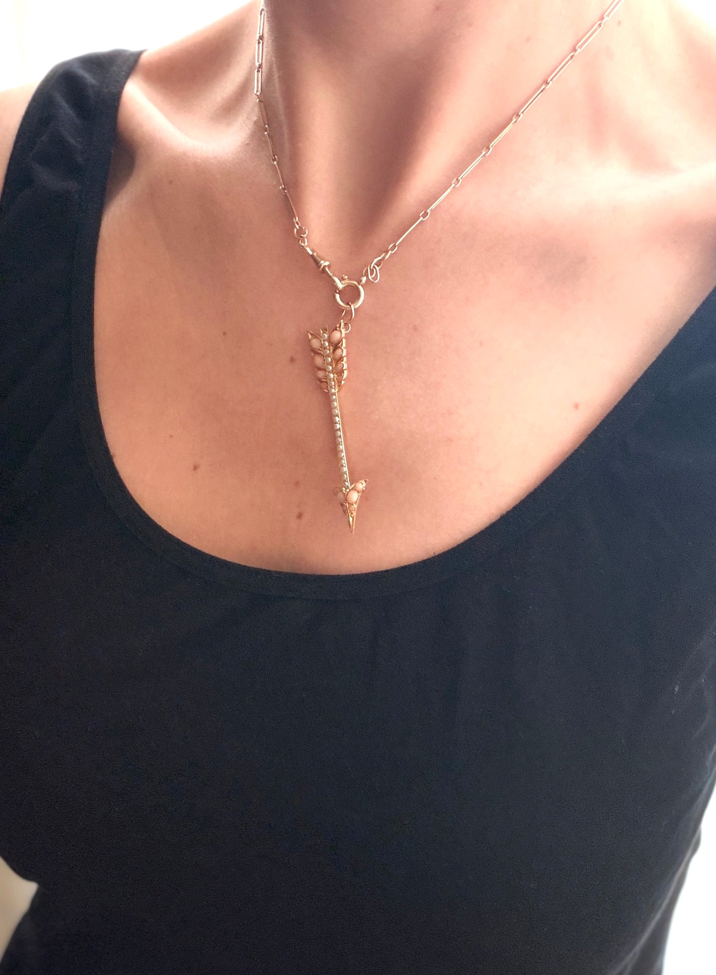 Large, Victorian, 15ct Gold Angel Hair Coral and Pearl Arrow Necklace