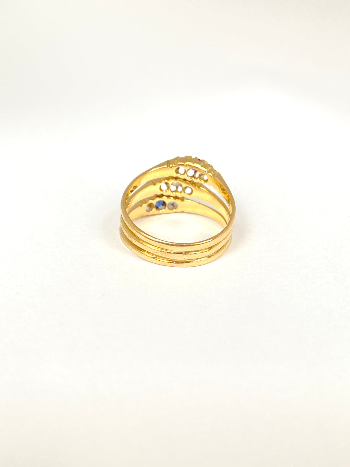 3rd Payment Allison Antique, Victorian 18ct Gold Ruby, Sapphire and Diamond Triple Band Ring, Hallmarked, Chester 1897