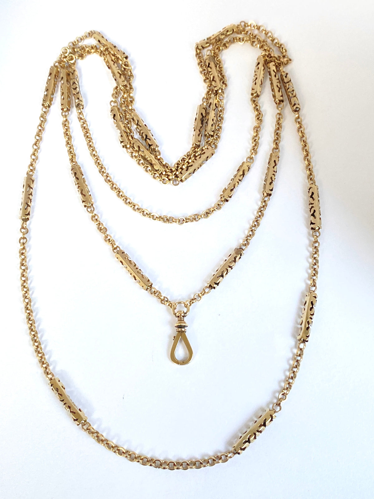 Alex FINAL payment 50 inch, Antique, 9ct Gold Long Guard Chain with Swivel Dog Clip 21.77g