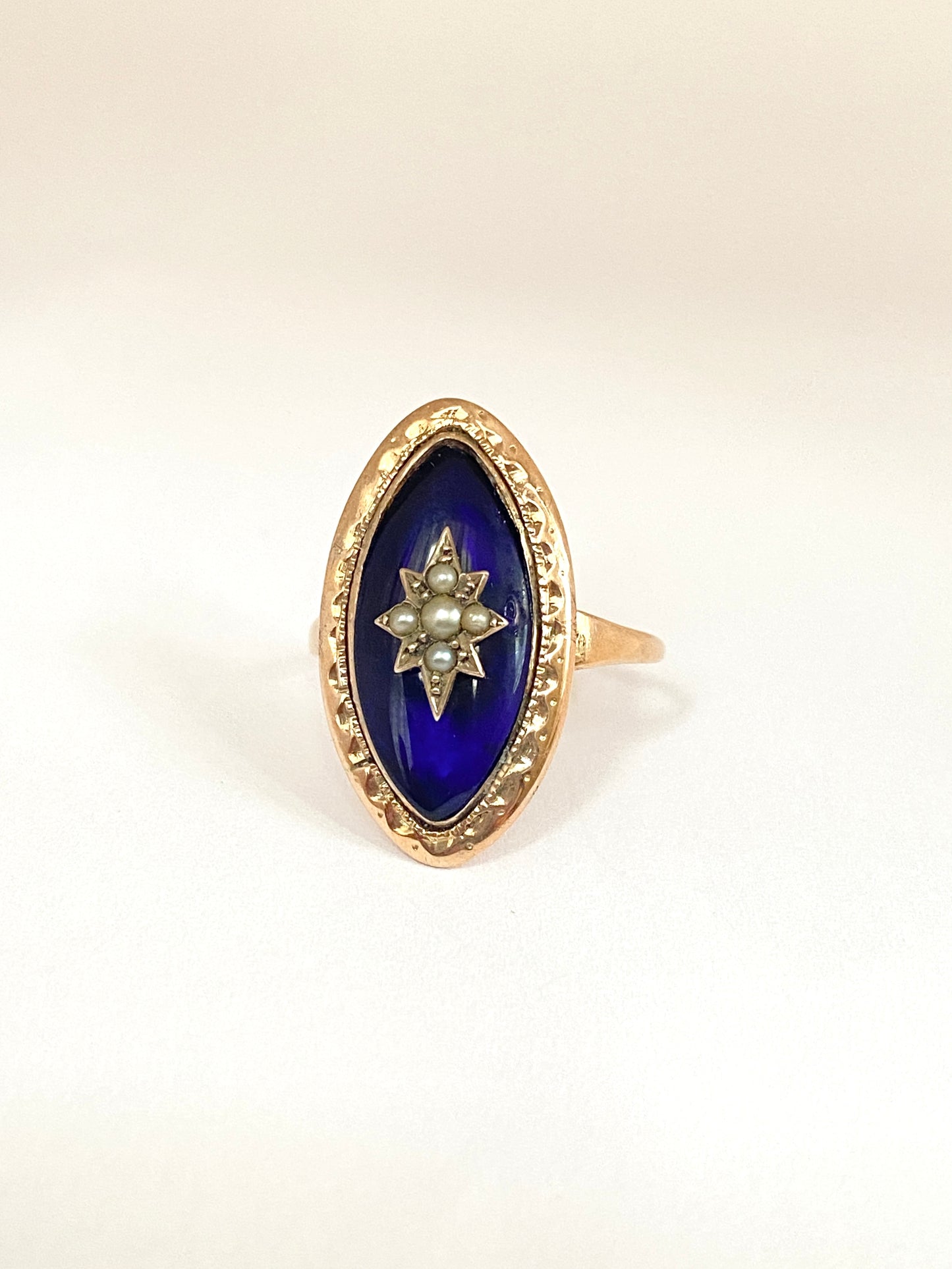 FOR JESSICA 9ct Gold, Georgian, Bristol Blue Glass and Pearl Star Navette Ring AND Snake Ring