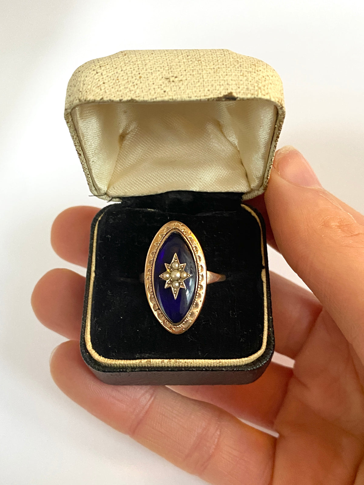 FOR JESSICA 9ct Gold, Georgian, Bristol Blue Glass and Pearl Star Navette Ring AND Snake Ring