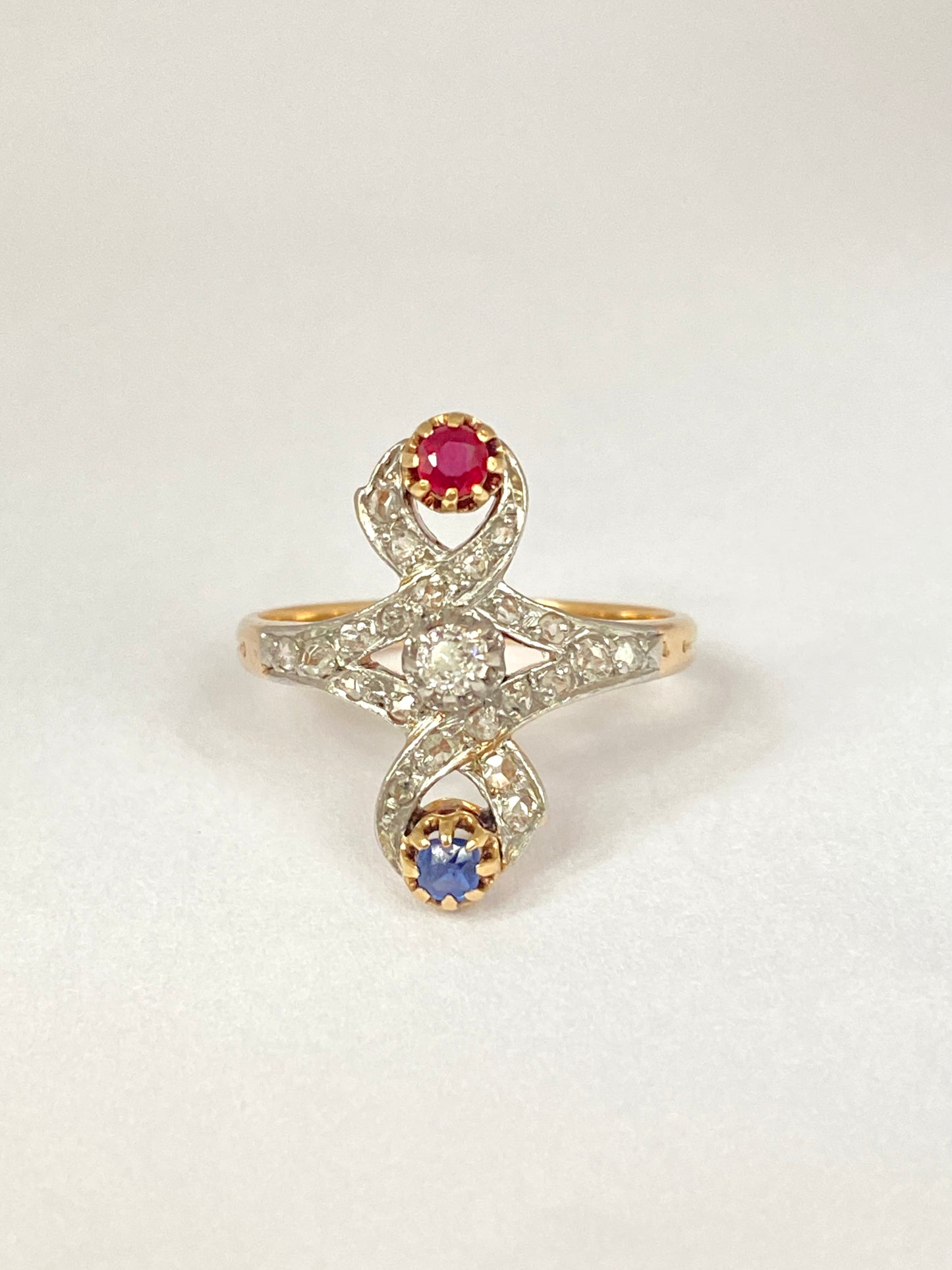 Reserved: Mary Belle Epoque, 18ct Gold and Platinum Ruby, Sapphire and Diamond Tri-colour Ring and Vintage, 16 inch, 18ct Yellow Gold and Diamond UNOAERRE Swirl Necklace