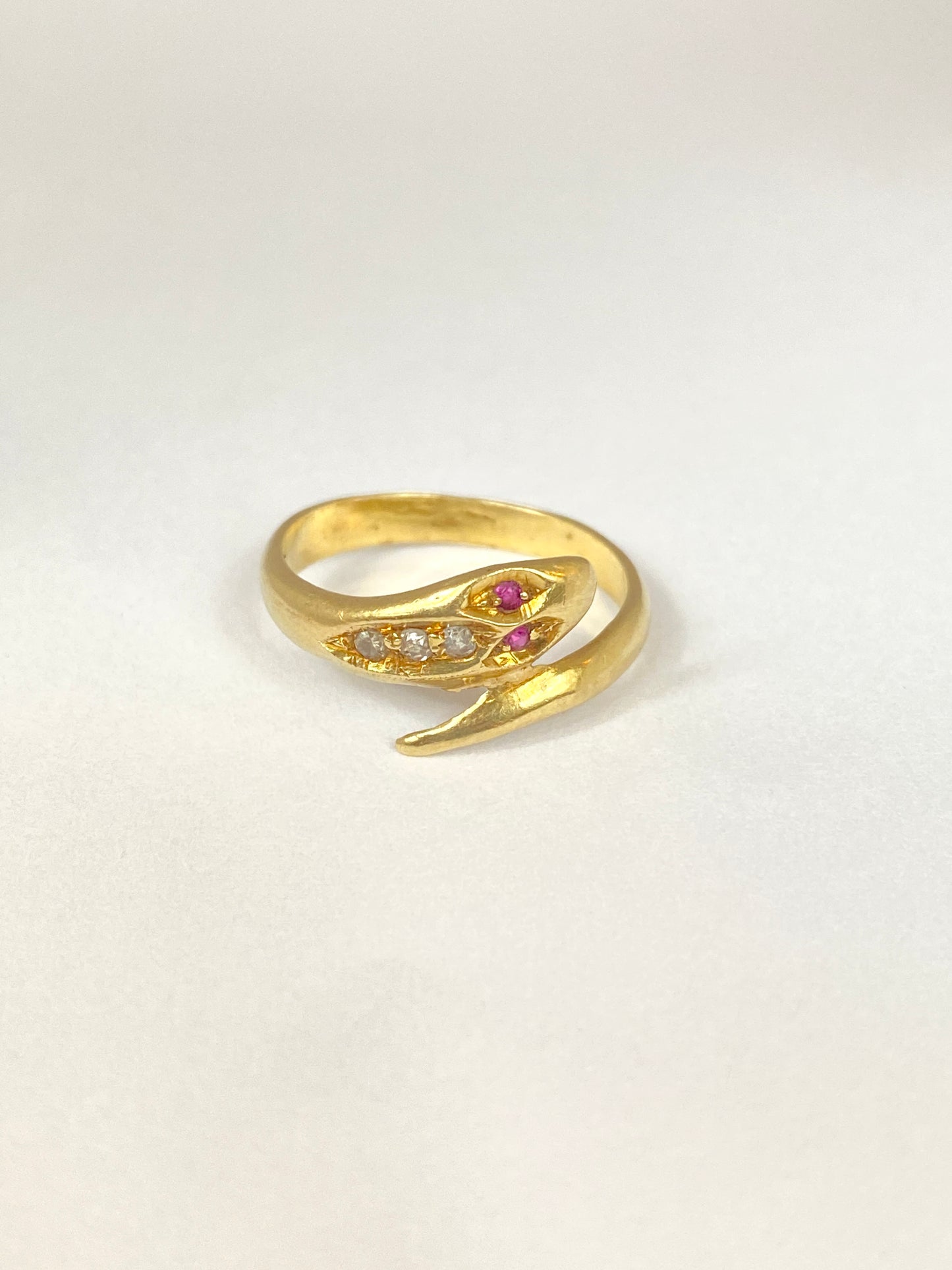 18ct Gold, Vintage Snake Ring with Ruby Eyes and Diamonds
