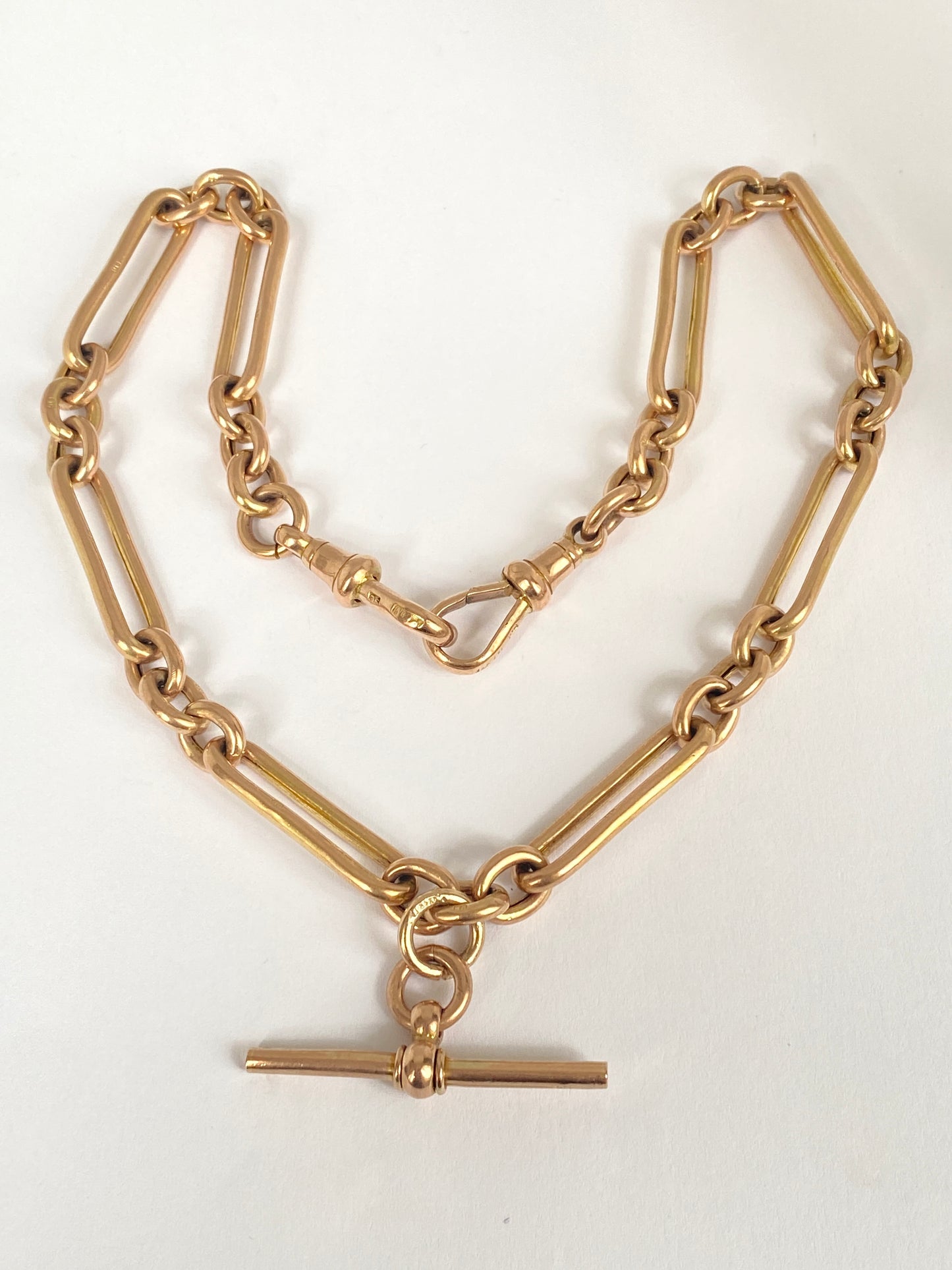 15 inch, 9ct Gold Antique Trombone/Fetter Link Chain with T bar and Dog Clips