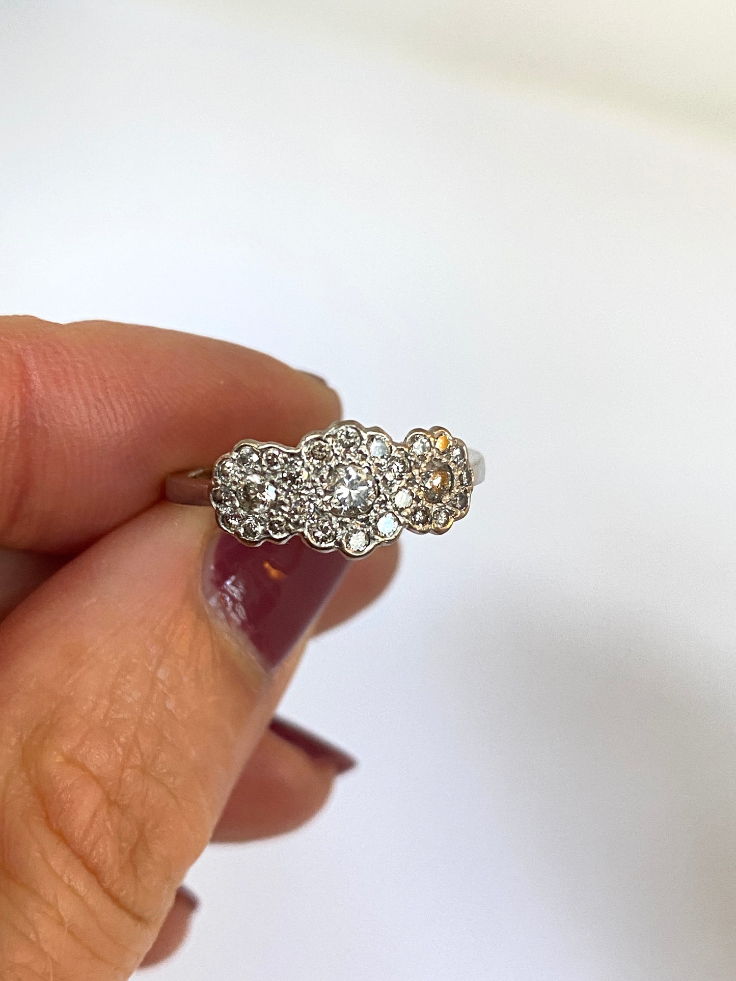 Antique, Art Deco 18ct White Gold Triple Diamond Flower Ring (approx 0.40ct)