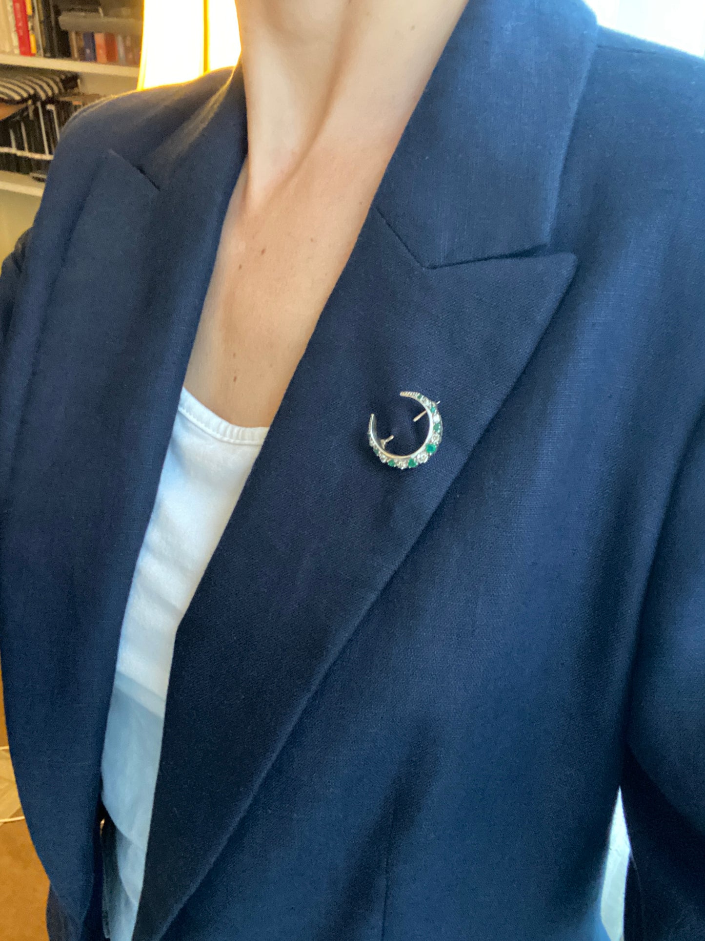 9ct Gold and Silver Emerald and Diamond Crescent Pin/Brooch