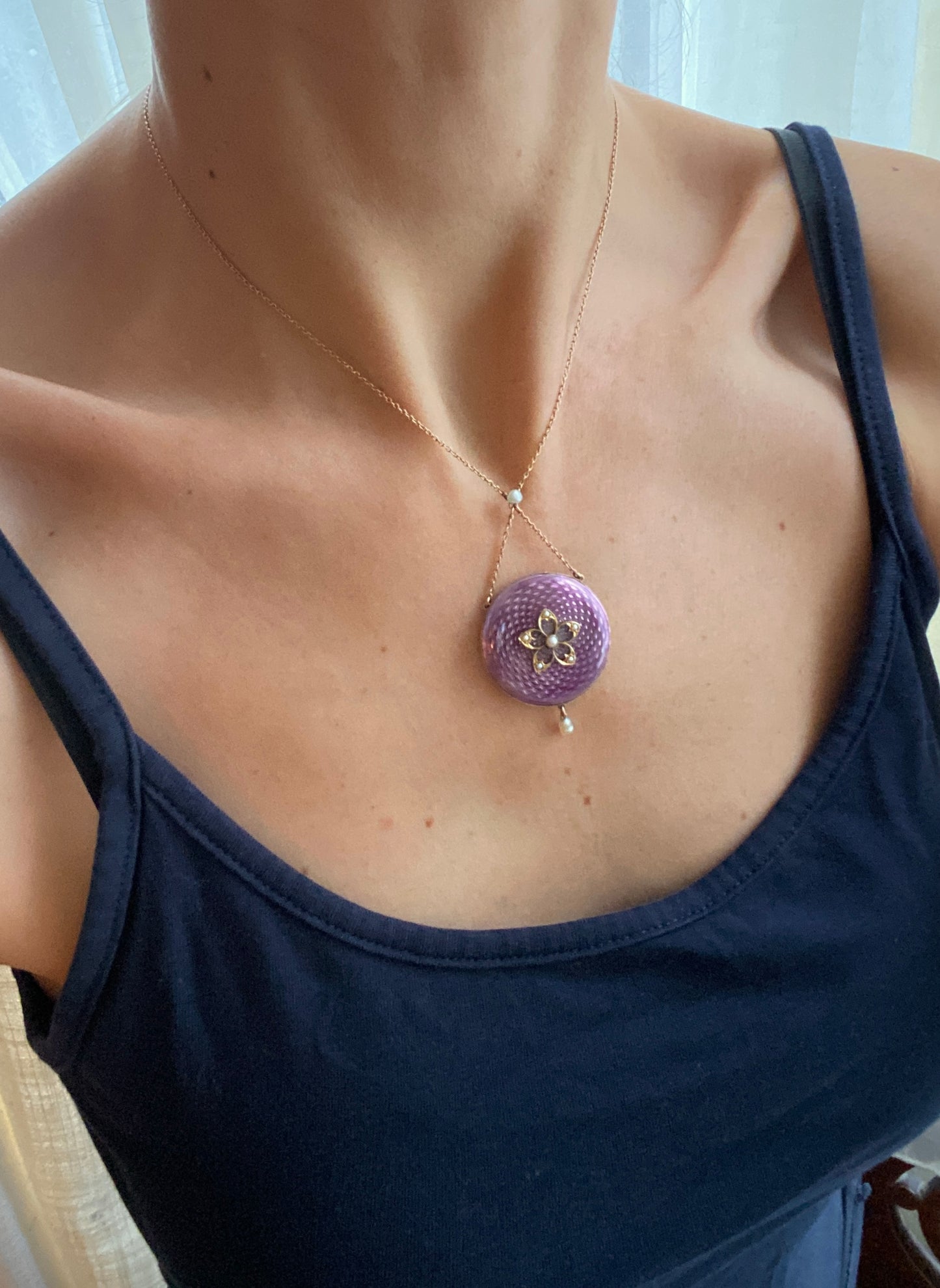 15ct Gold, Art Nouveau Guilloche Enamel Locket/Pendant Necklace (c1905)