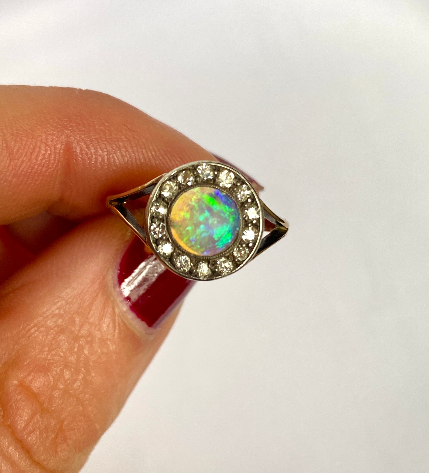 1st payment Incredible Vintage 18ct Gold and Silver Opal Diamond Cluster Ring
