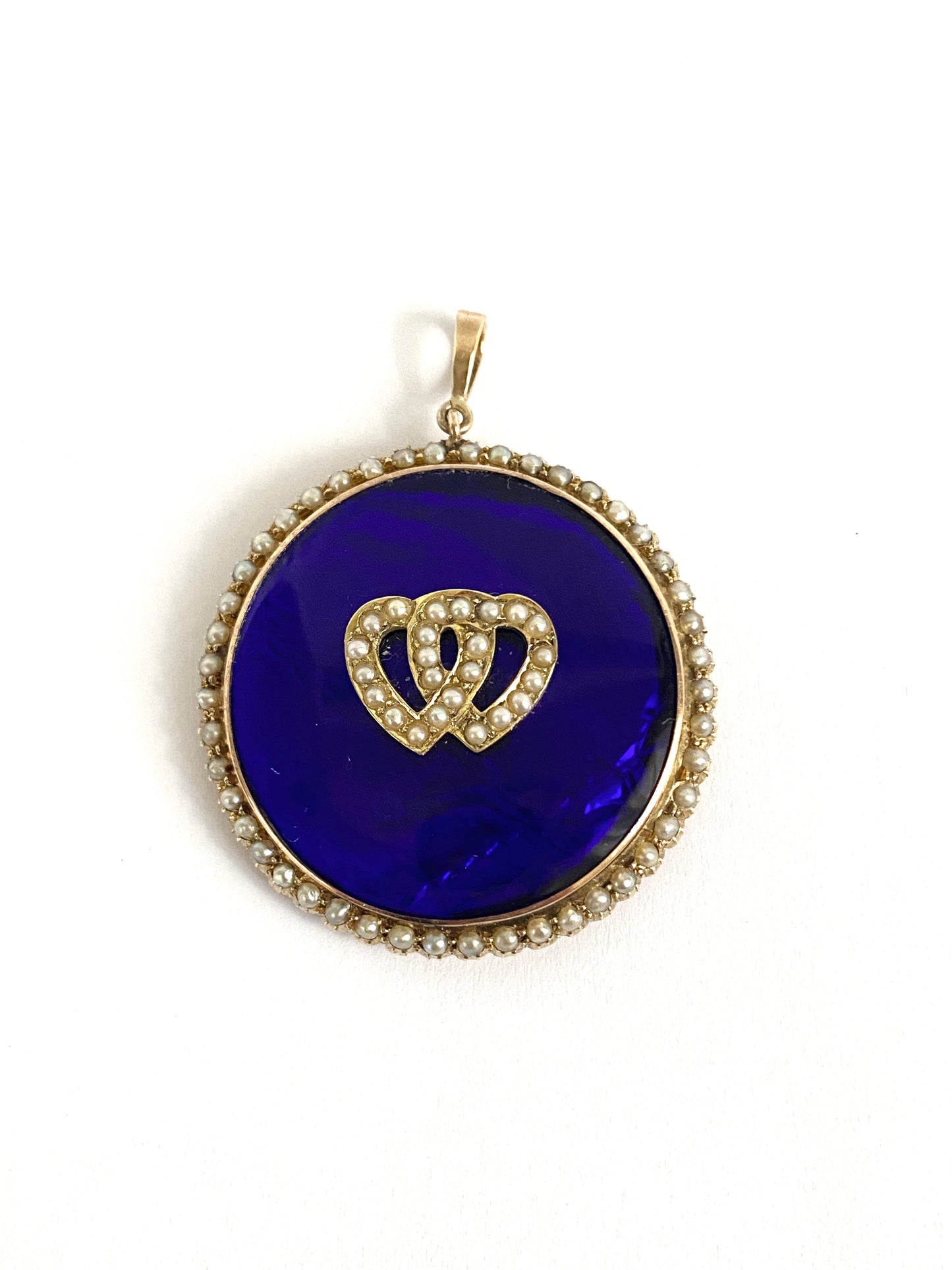 Antique Art Nouveau, 9ct Gold and Bristol Blue Glass Double Heart Locket backed Pendant
