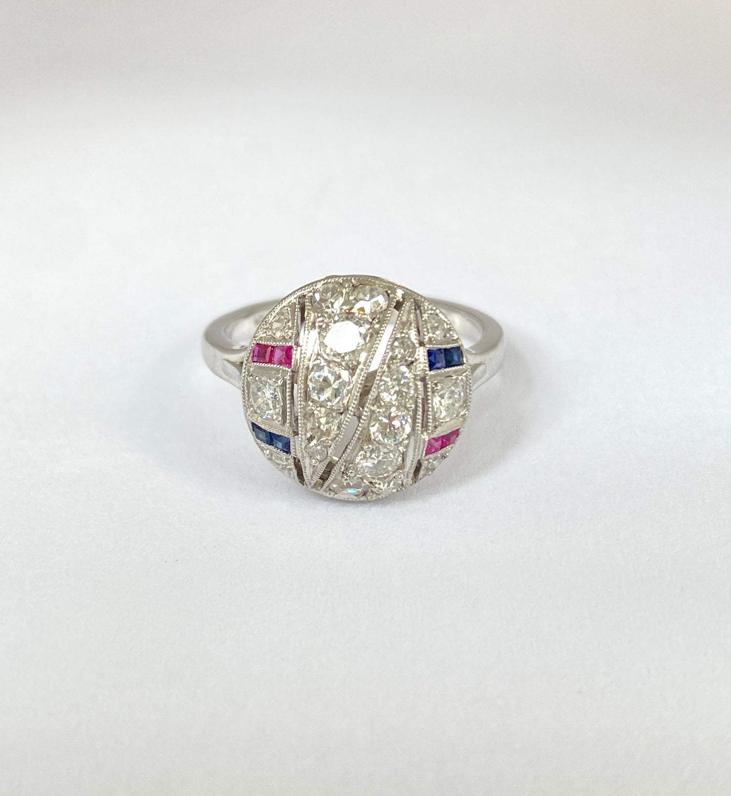 Fabulous Art Deco, Vintage 18ct White Gold Ruby, Sapphire and Diamond Ring