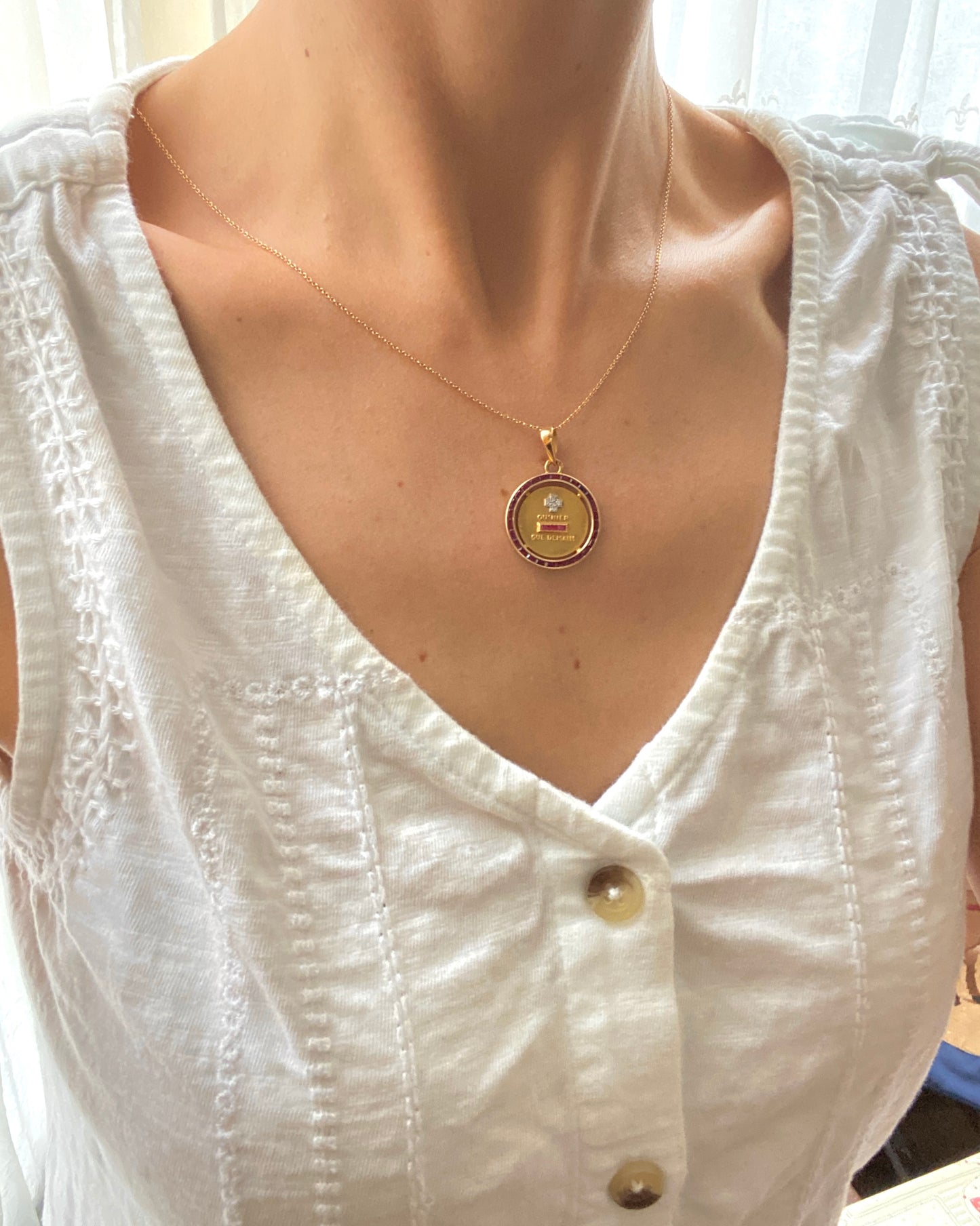 Rare, Ruby Bordered 18ct Gold, Diamond and Ruby French Augis Love Pendant, 'Qu'hier - Que demain'