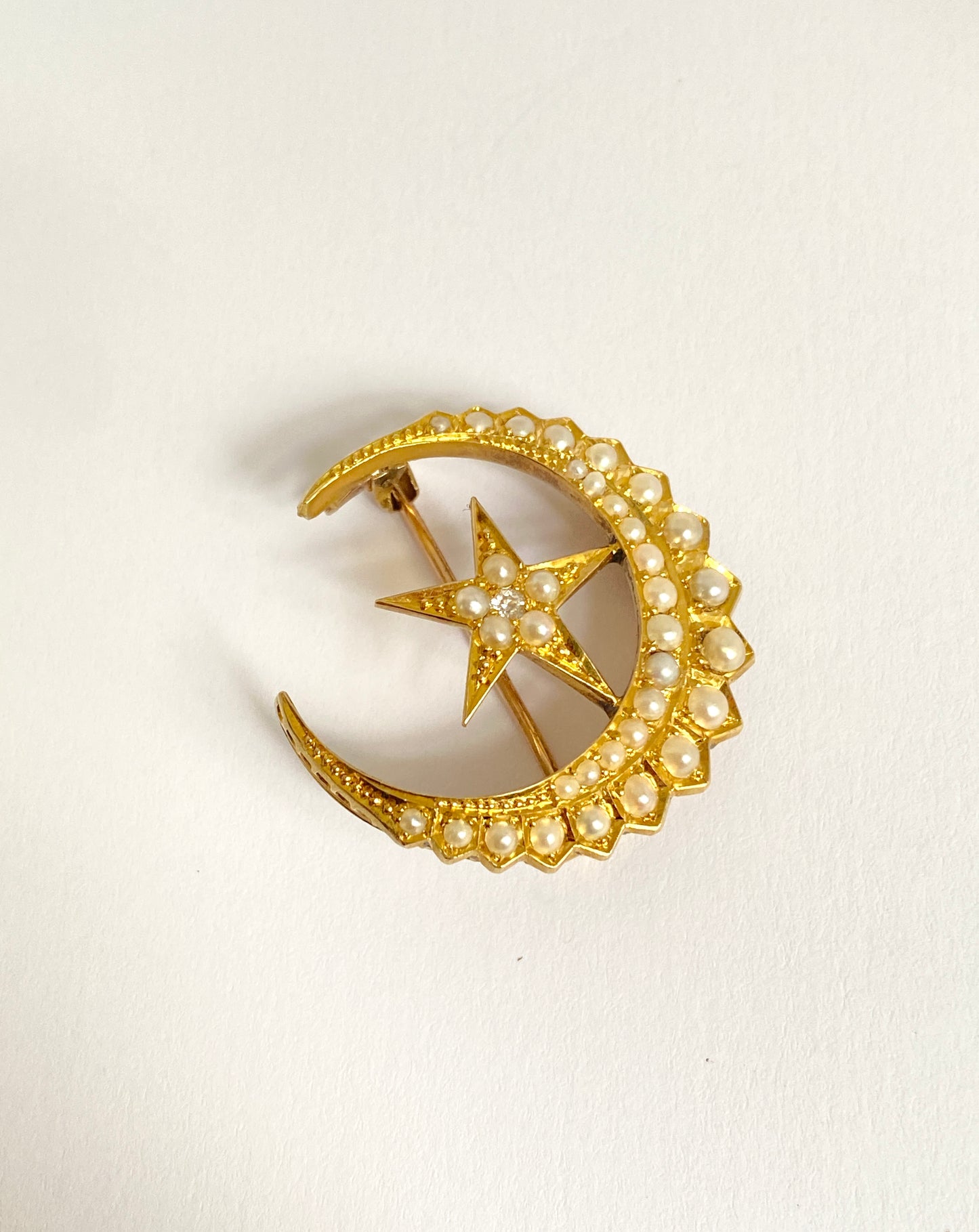 Victorian, 18ct Gold Pearl and Diamond Crescent Moon and Star Brooch
