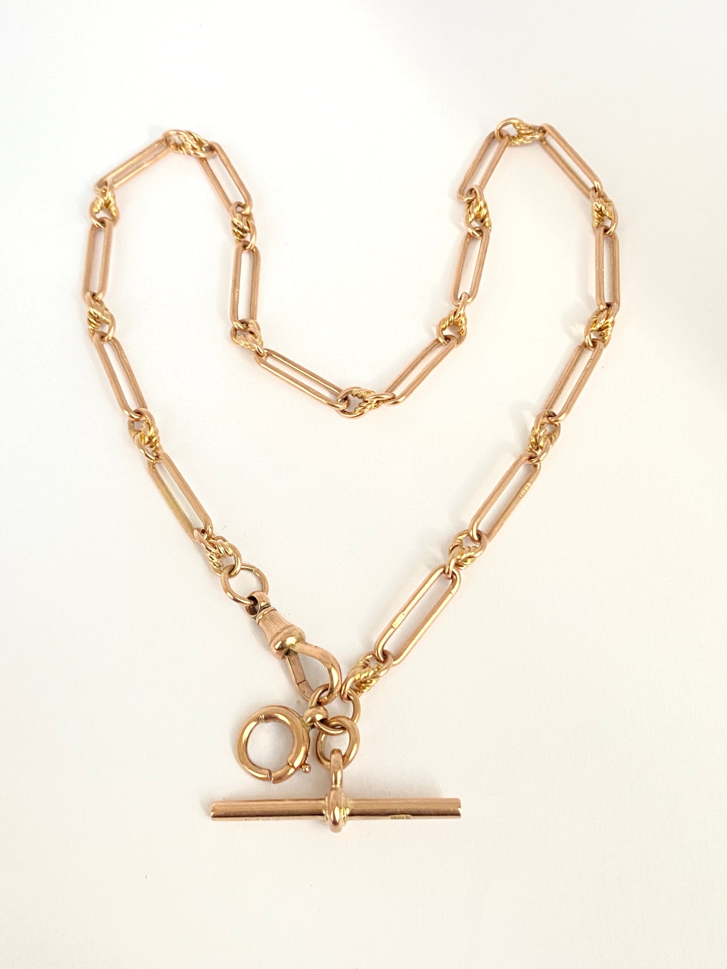 15 inch, 9ct Gold Antique Trombone/Fetter Link Chain with T bar, Dog Clip and Bolt Ring (21g)
