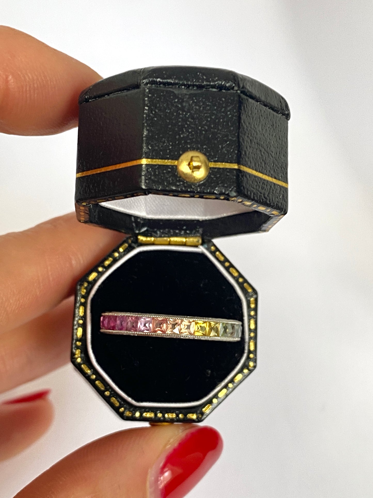 Platinum, Rainbow Eternity Ring with French Cut Sapphires