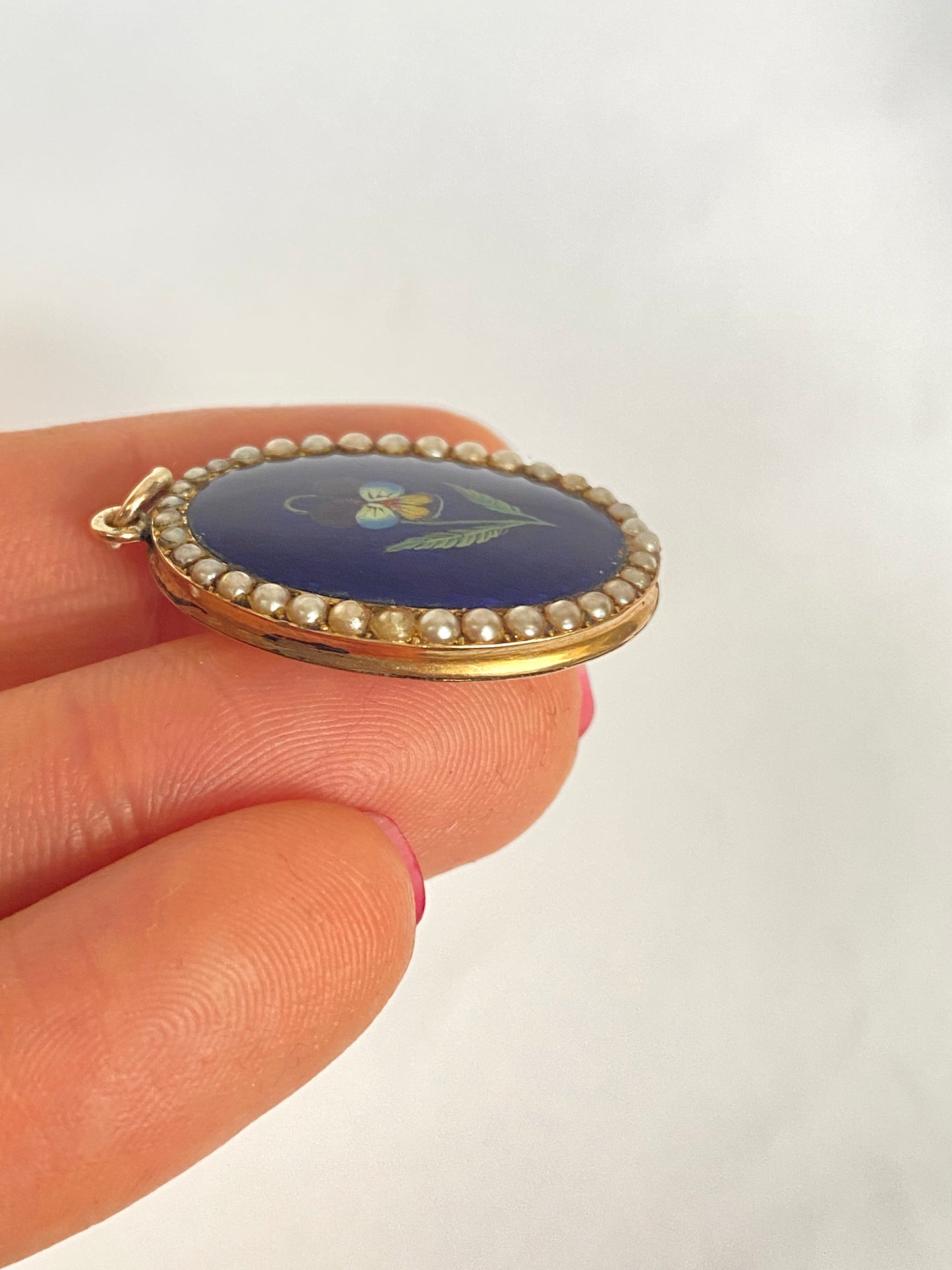 Romantic, Victorian, 9ct Gold, Pearl and Enamelled Pansy Pendant, 'Think of me'
