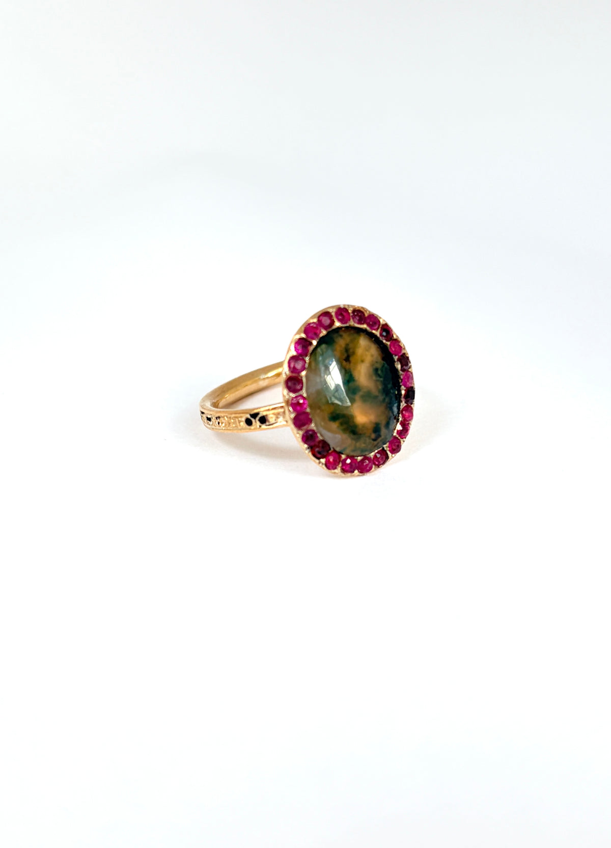 Antique, 15ct Gold, Moss Agate Ring with Ruby Border
