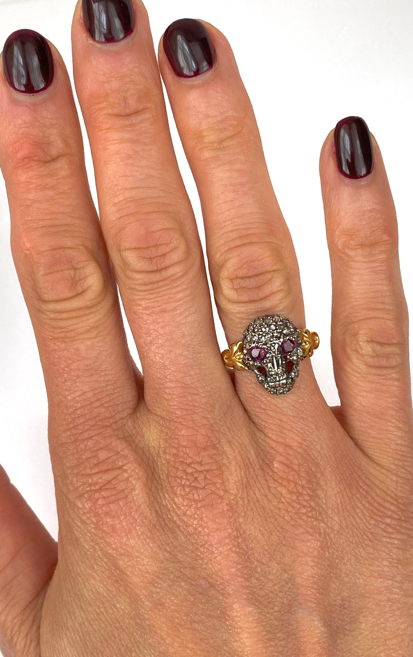 Vintage, 15ct Gold Ruby Eyed, Rose Cut Diamond encrusted Skull Ring, 3.79g