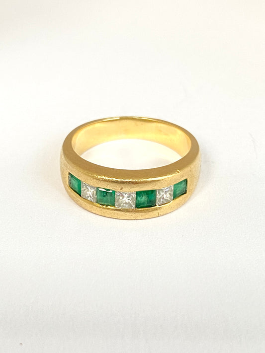 Chunky, Vintage, 18ct Gold Emerald and Diamond Half Hoop Ring, 1970s, 8.72g
