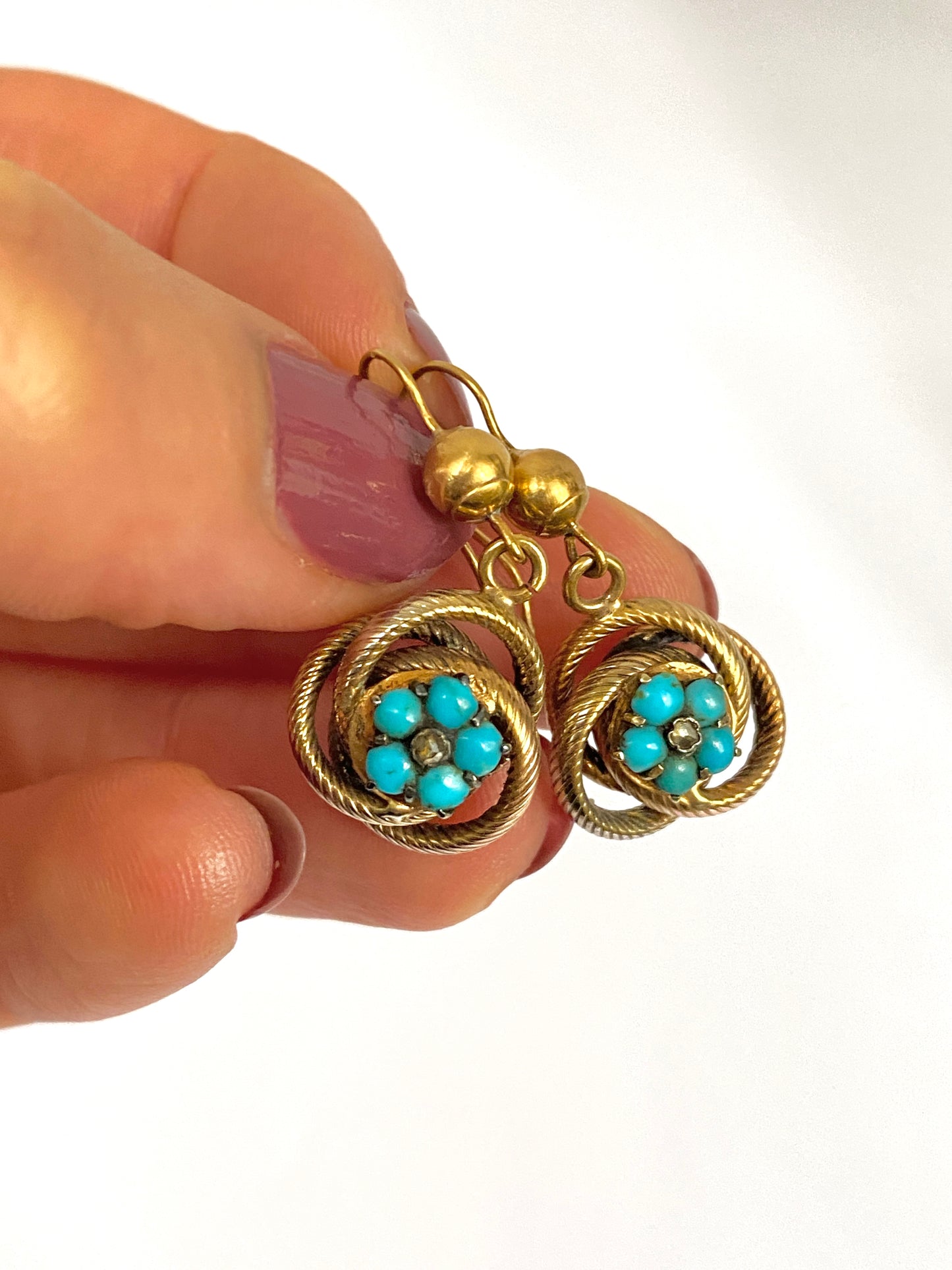 Victorian, 9ct Gold Lovers Knot, Forget me Not Earrings with Turquoise and Diamond