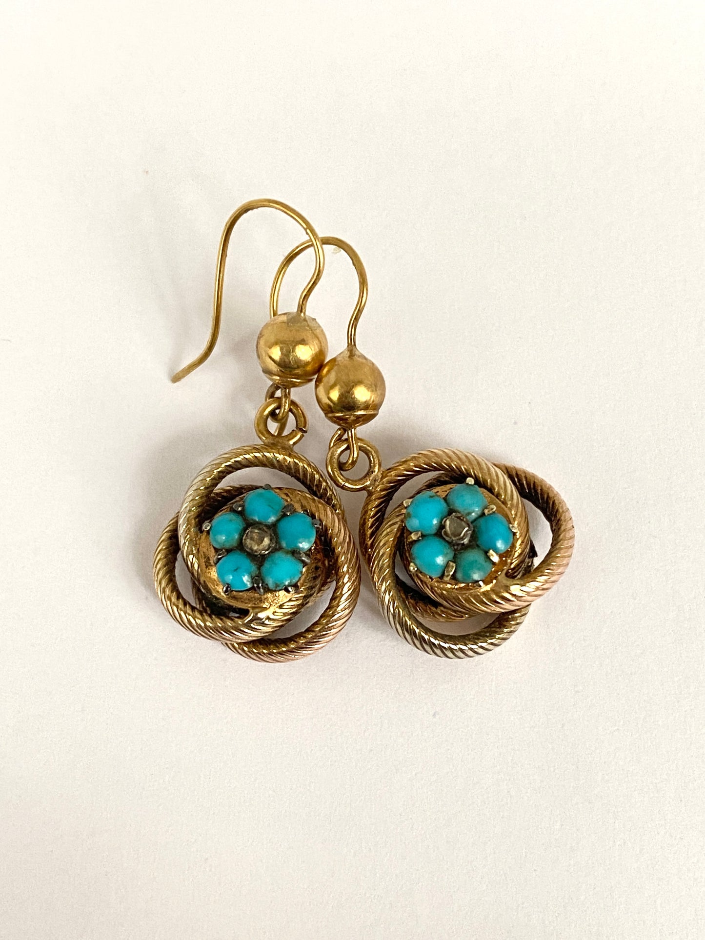 Victorian, 9ct Gold Lovers Knot, Forget me Not Earrings with Turquoise and Diamond