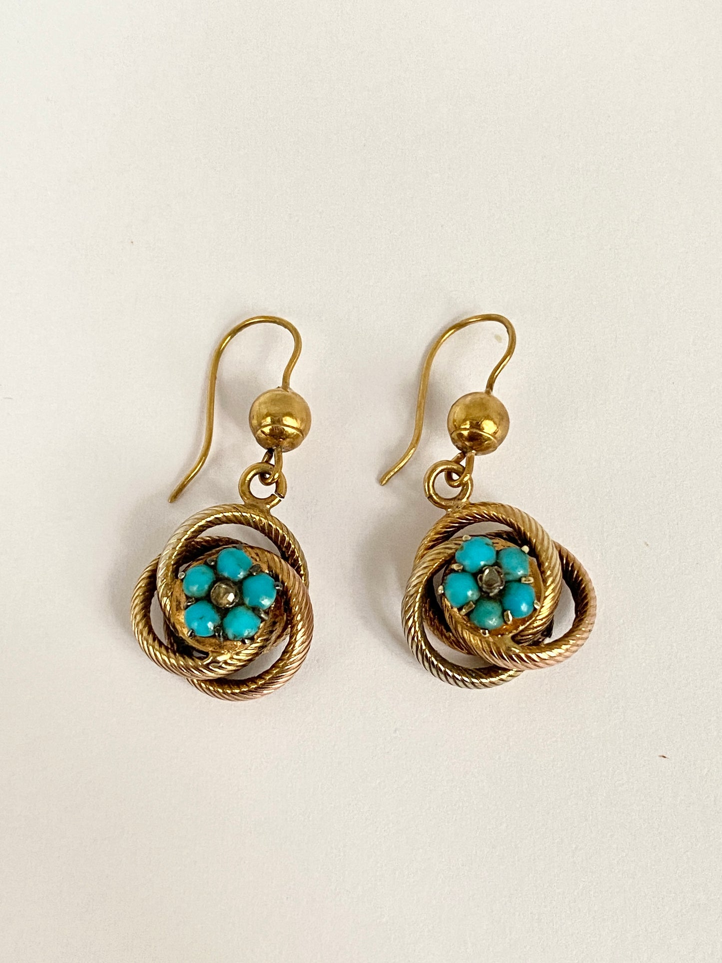 Victorian, 9ct Gold Lovers Knot, Forget me Not Earrings with Turquoise and Diamond