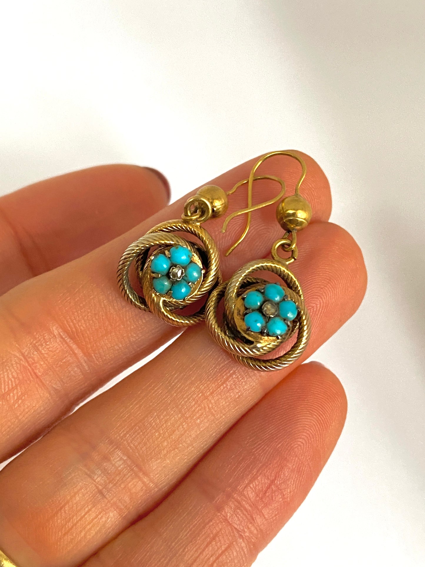 Victorian, 9ct Gold Lovers Knot, Forget me Not Earrings with Turquoise and Diamond