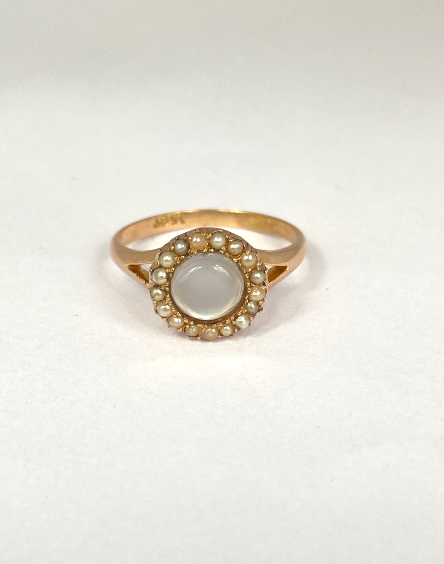 Antique 15ct Gold, Victorian Moonstone and Seed Pearl Cluster Ring