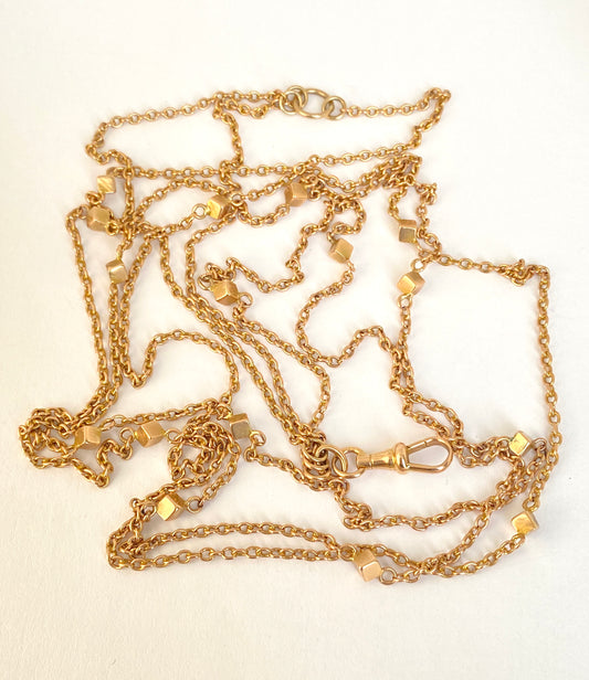 Rare, Art Deco, 15ct Gold, three strand chain, with fancy cube links and dog clip, 18g