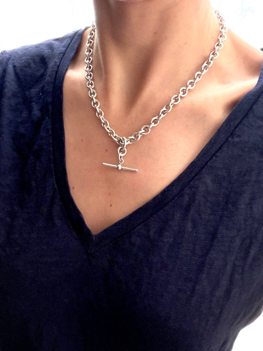 17.5 inch, Antique, Victorian Silver Cable Link Albert Watch Chain with T Bar and Dog Clips