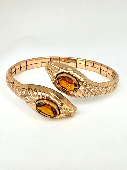 Incredible, French, Art Deco, Extendable Snake Bangle with Citrine Paste, Hallmarked for Rolled Gold.