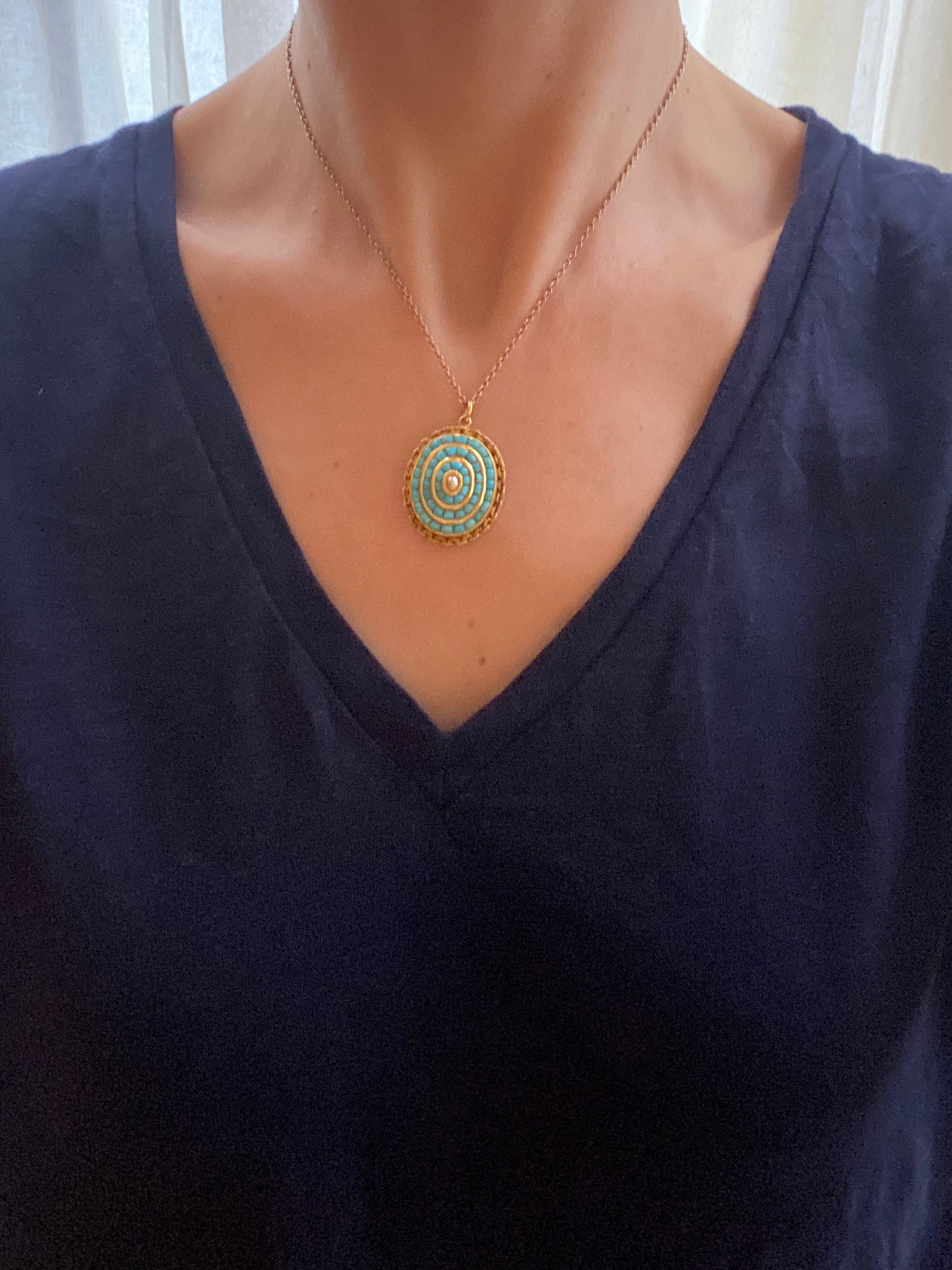 Victorian, 22ct Gold, Etruscan Revival Turquoise Locket backed Pendant