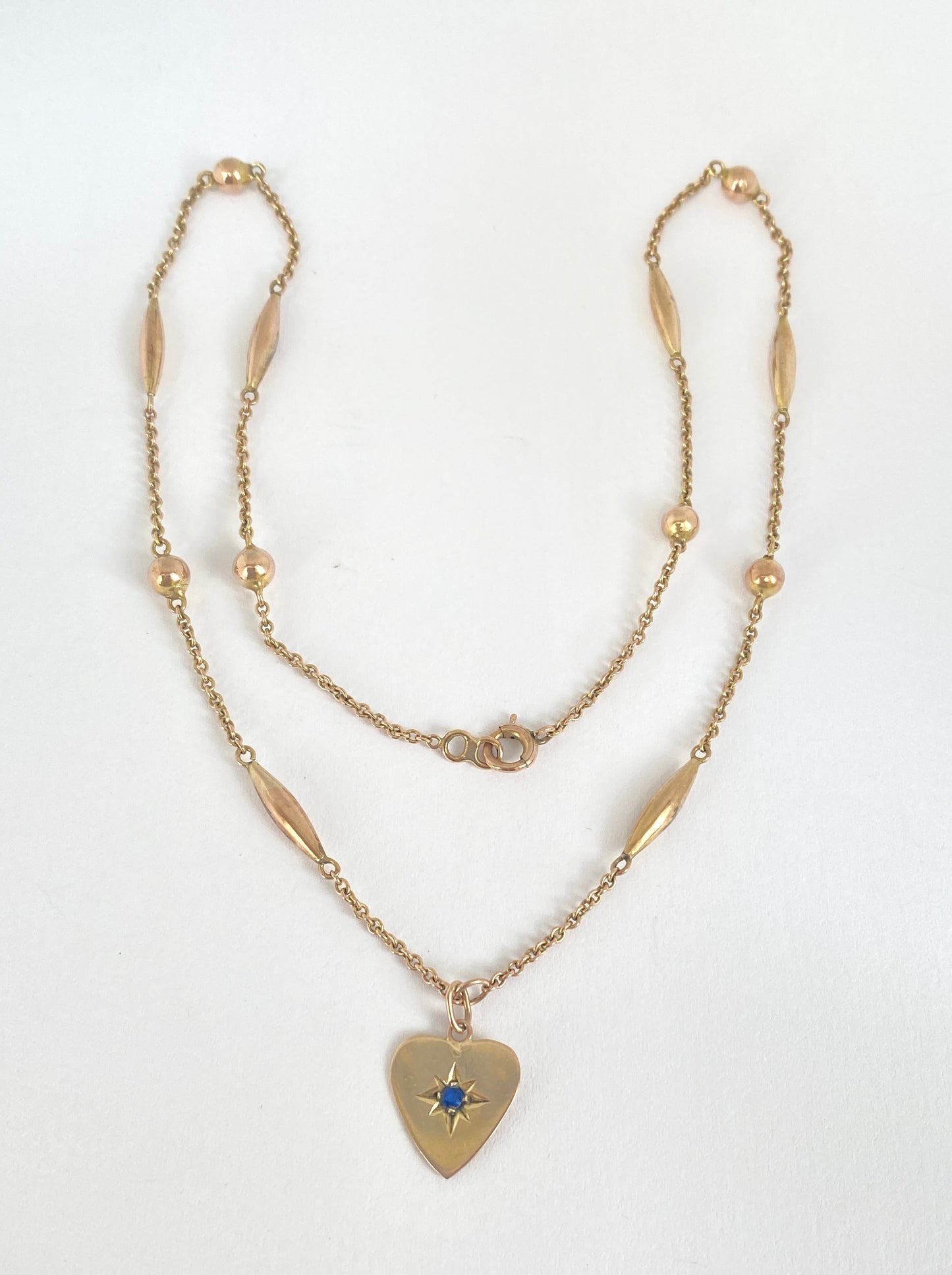 15 inch Vintage, 9ct Gold, Sapphire Heart Pendant on a Fancy Link Chain