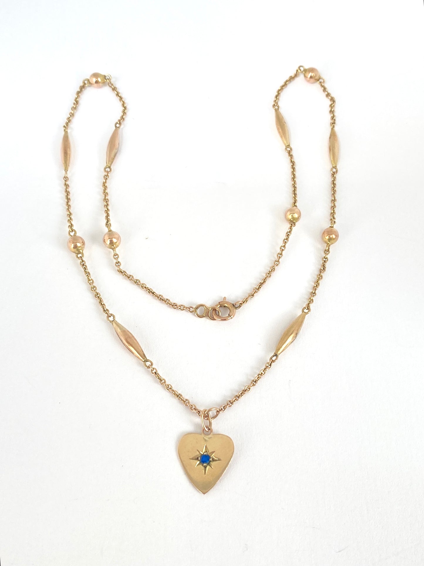 15 inch Vintage, 9ct Gold, Sapphire Heart Pendant on a Fancy Link Chain