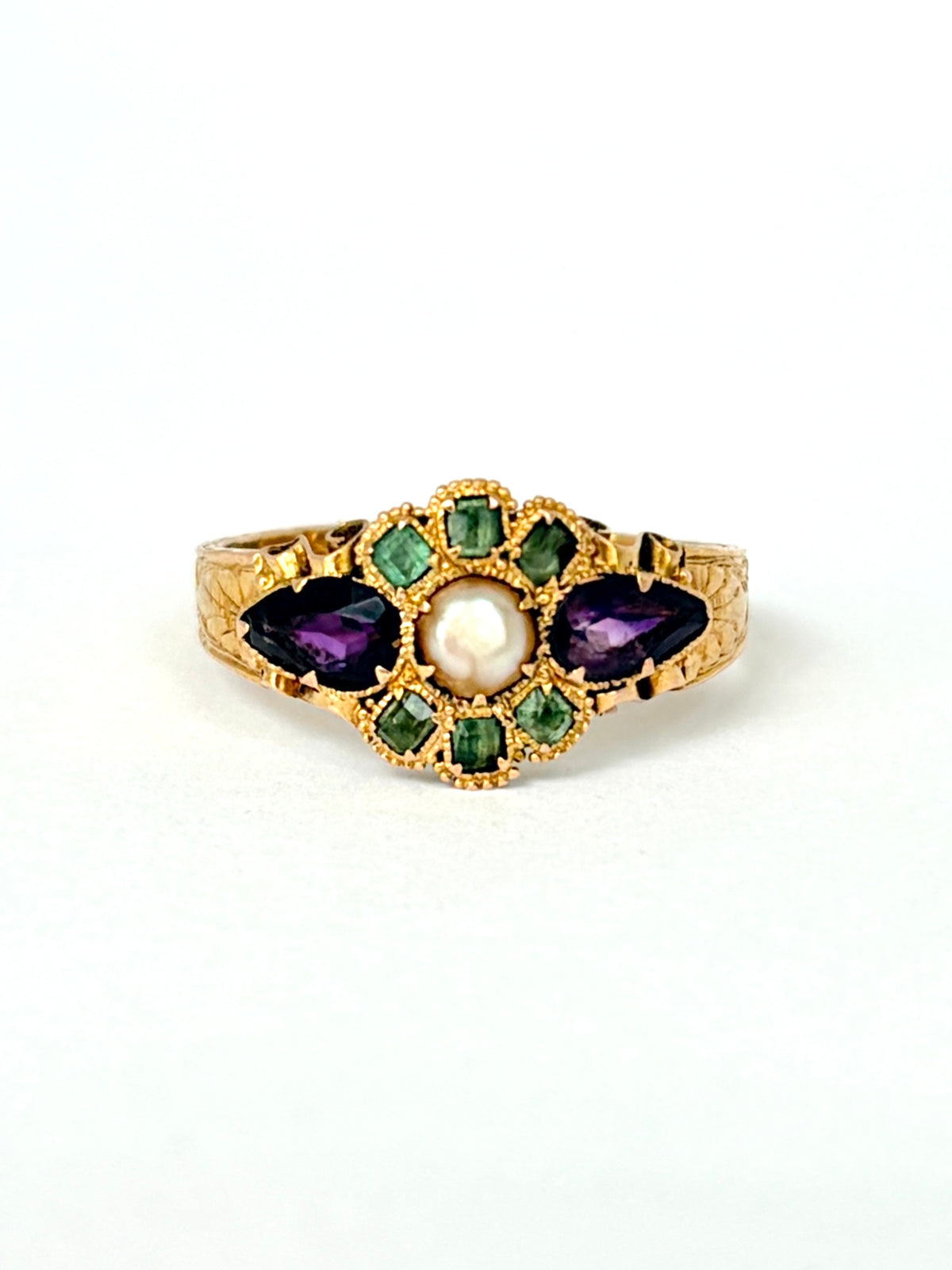 Antique, 15ct Gold, Amethyst, Emerald and Pearl Ring (Suffragette Colours) Hallmarked Birmingham, 1920