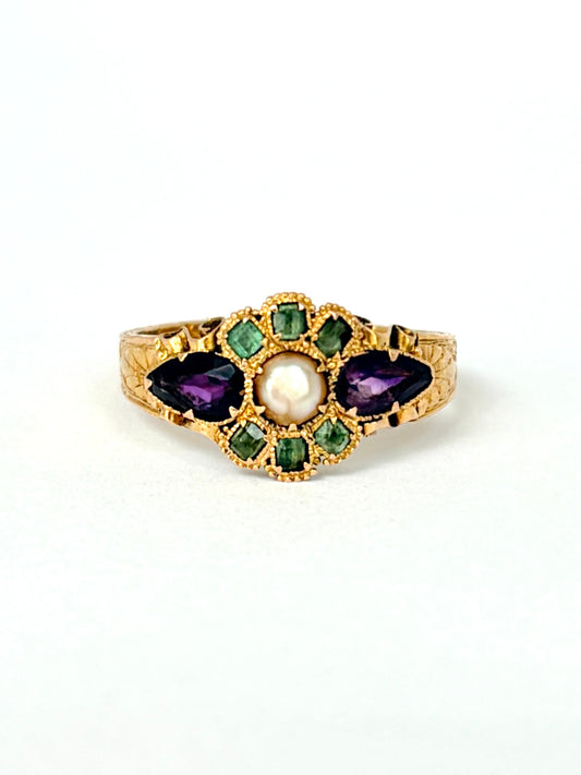Antique, 15ct Gold, Amethyst, Emerald and Pearl Ring (Suffragette Colours) Hallmarked Birmingham, 1920