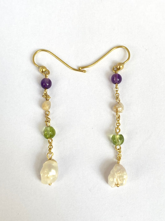 9ct Gold, Vintage Multi Gemstone Suffragette Coloured Hanging Earrrings, (Amethyst, Peridot and Baroque Pearl)