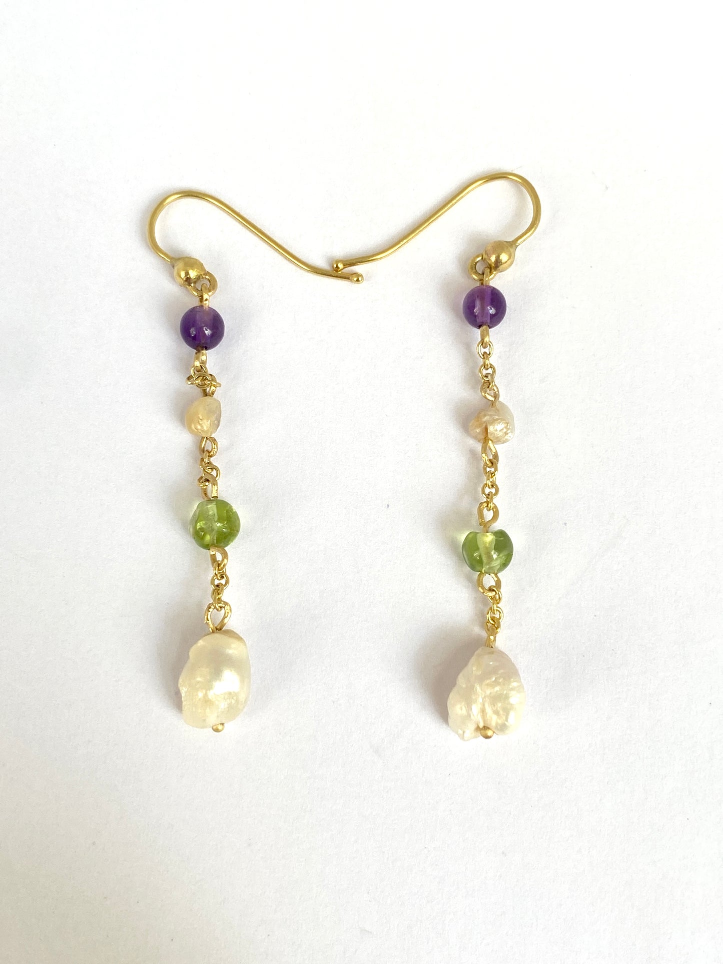 9ct Gold, Vintage Multi Gemstone Suffragette Coloured Hanging Earrrings, (Amethyst, Peridot and Baroque Pearl)